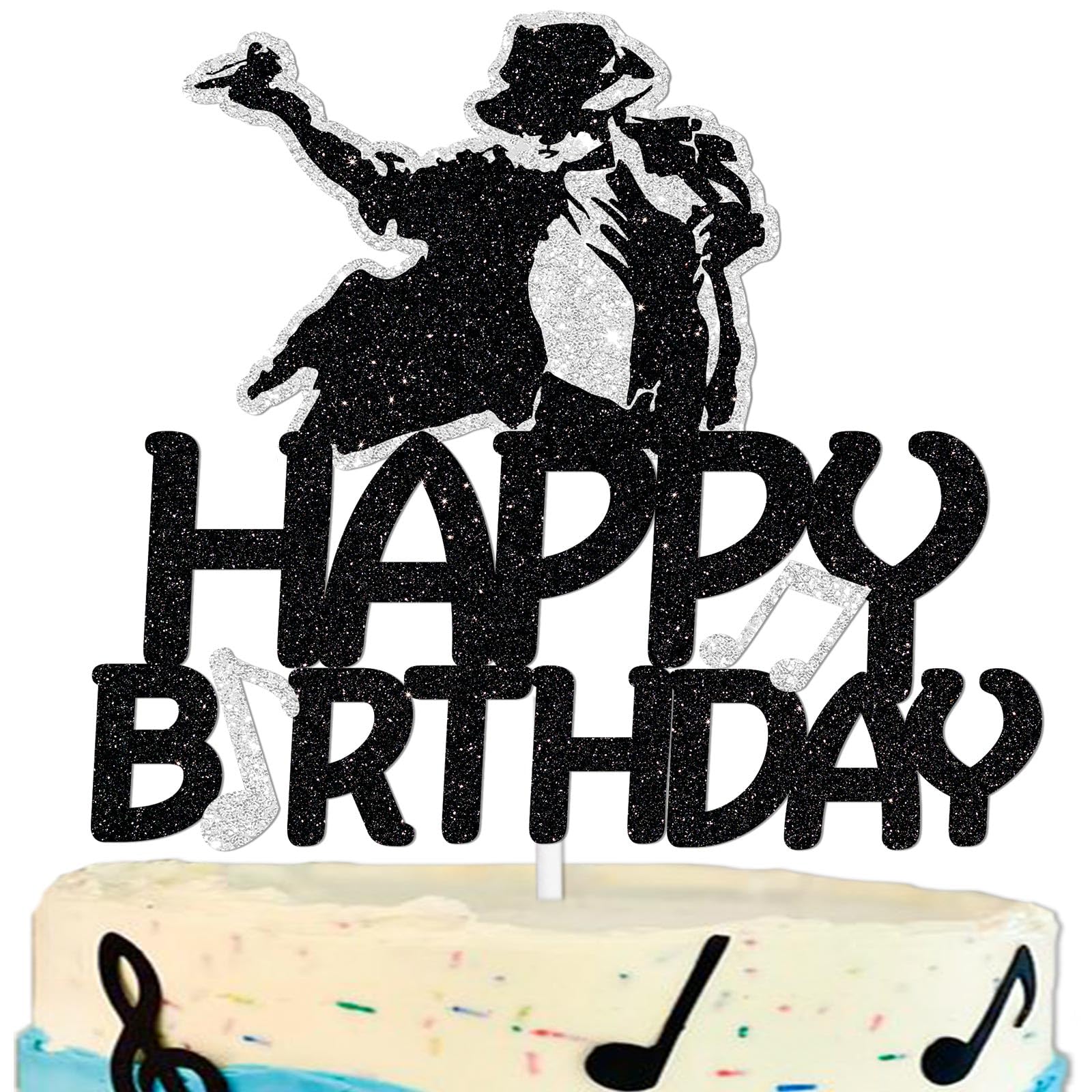 Music Cake Topper Happy Birthday Theme Black Glitter Decor Picks for Silhouette Anniversary Birthday Party Decorations Supplies