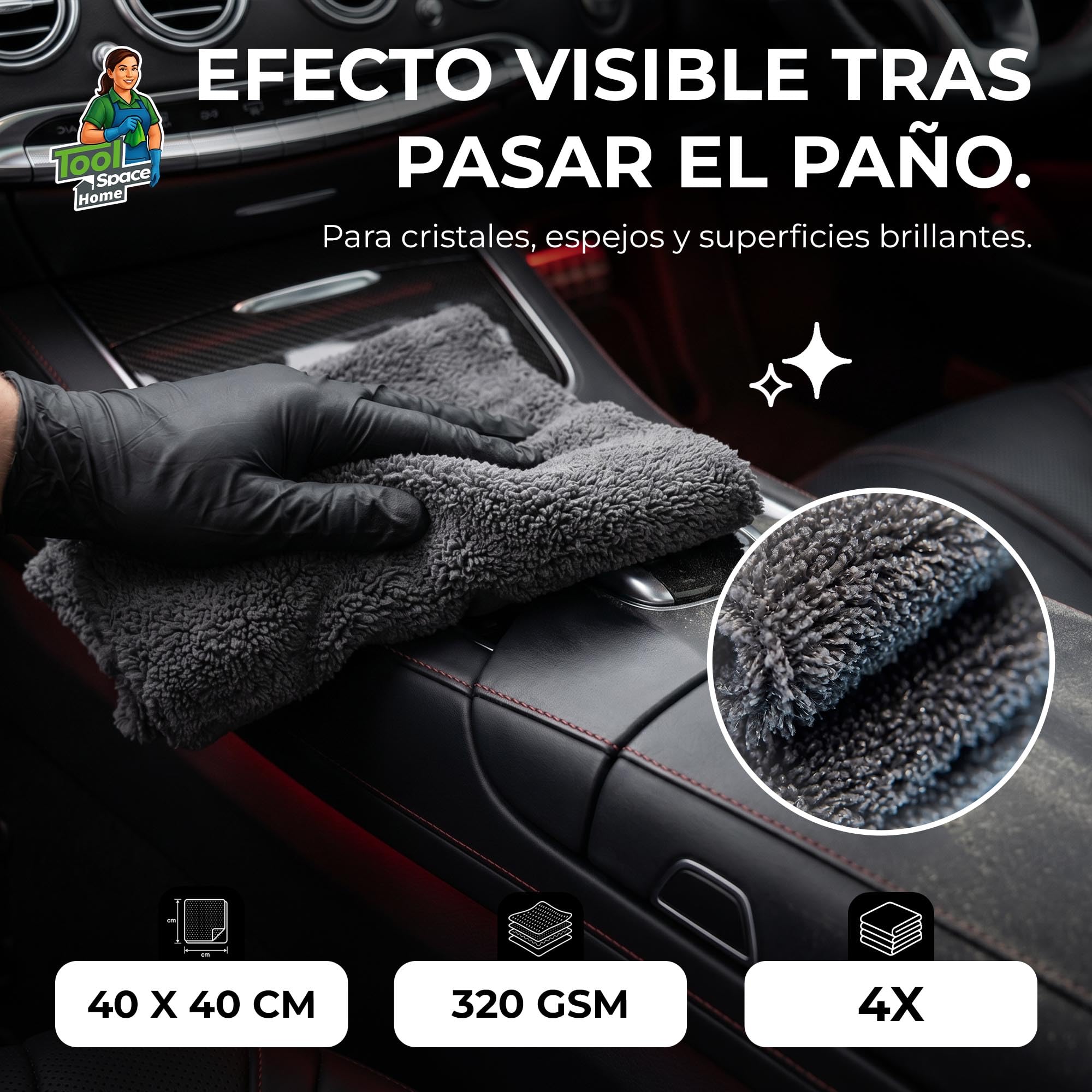 ToolSpace Paños Microfibra Detailing 40x40 cm 10 Unidades 320 gsm para Coche Pulido Pintura Cera Cristales Llantas Salpicadero Suaves Absorbentes Sin Rayas Cuidado Coche Auto Detailing