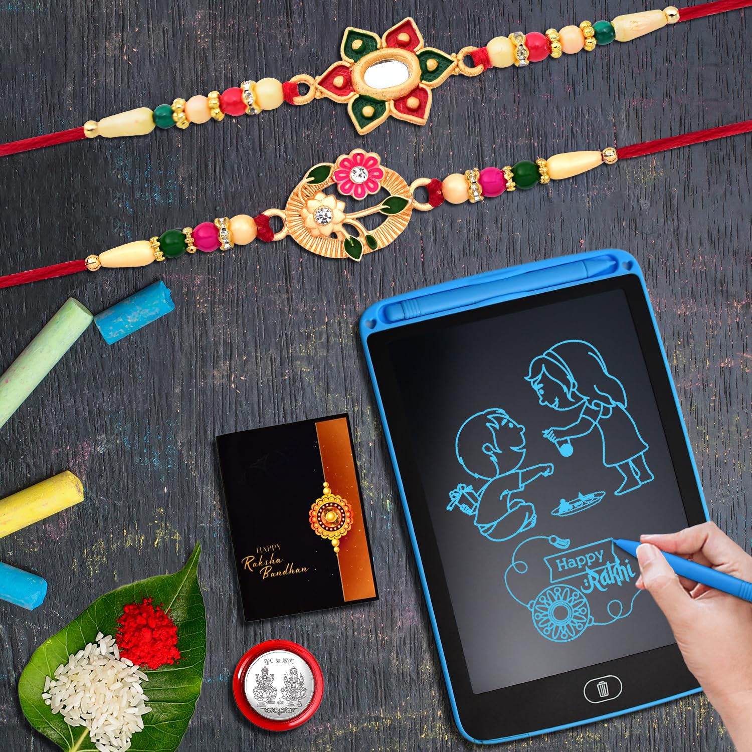DeoDap Multicolor Rakhi (K2_921+924_1360) & LCD Writing Pad/Tablet for Kids with Silver Color Pooja Coin & Greeting Card, Occasion, kids silver Rakhi, Rakhi for brother with gift kids, gifts for Little brother, fancy Rakhi for brother , Set of 2 Rakh (B0B6Q29KVV) Amazon Price History, Amazon Price Tracker