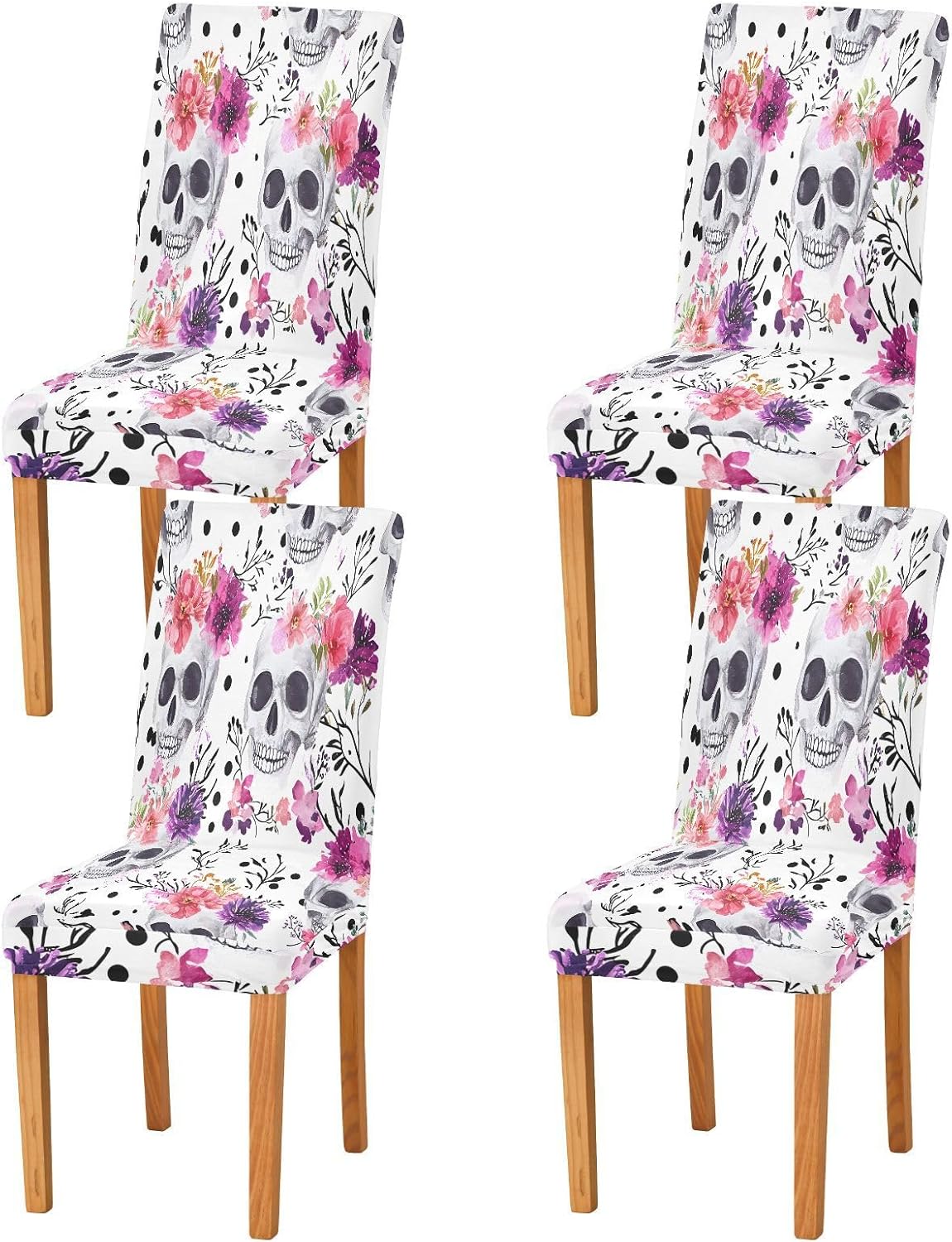 ALAZA Chair Covers for Dining Room, White Skull Flowers Pattern Stretch Chair Cover Sets Chair Protector Removable Washable for Ktichen Restaurant Hotel