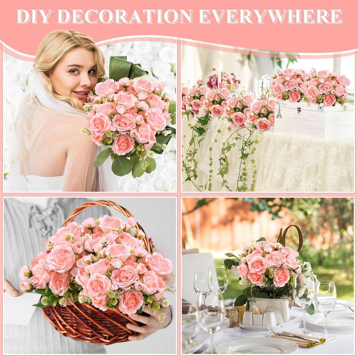 8 Bundles Artificial Peonies Flowers Boho Faux Flowers Arrangements Artificial Centerpiece Spring Bouquet Floral Wedding Decoration for Vase(Light Pink) - Image 6