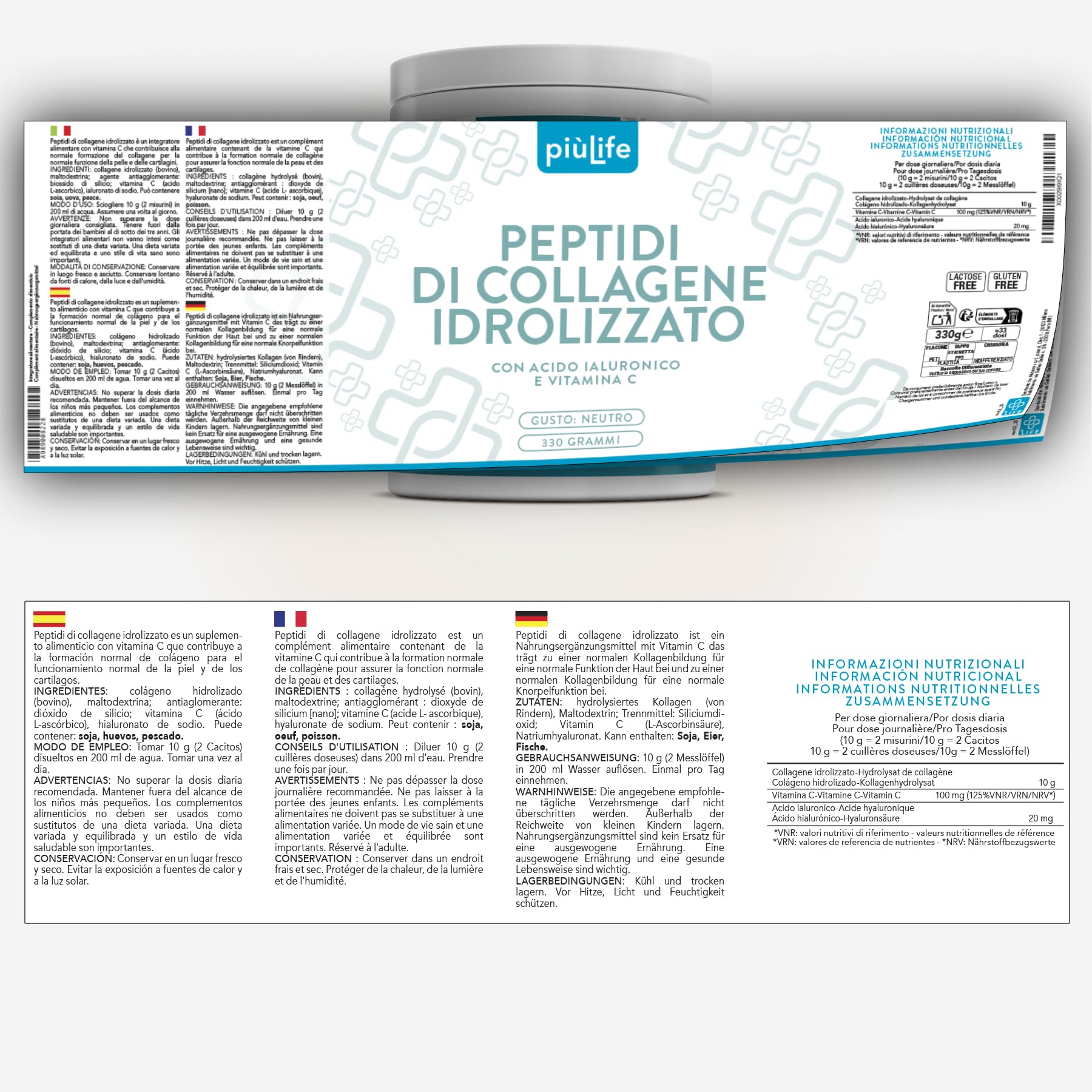 Peptidi di Collagene Idrolizzato in polvere Tipo 1 – 330g con acido ialuronico e vitamina C PiùLife – Integratore collagene bovino puro da bere – Per pelle, capelli, unghie e articolazioni