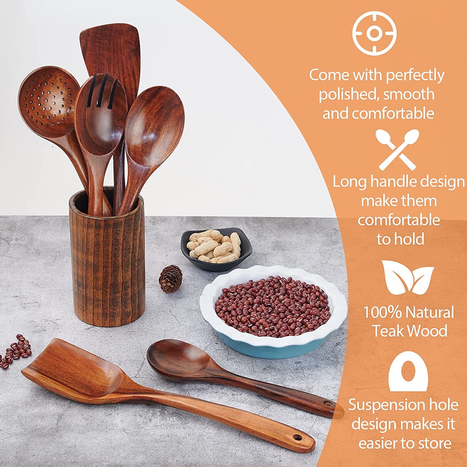 Holzutensilien-Set, 7 Stück, natürliche Teakholz-Löffel zum Kochen, Holzspatel und Löffel mit Halter