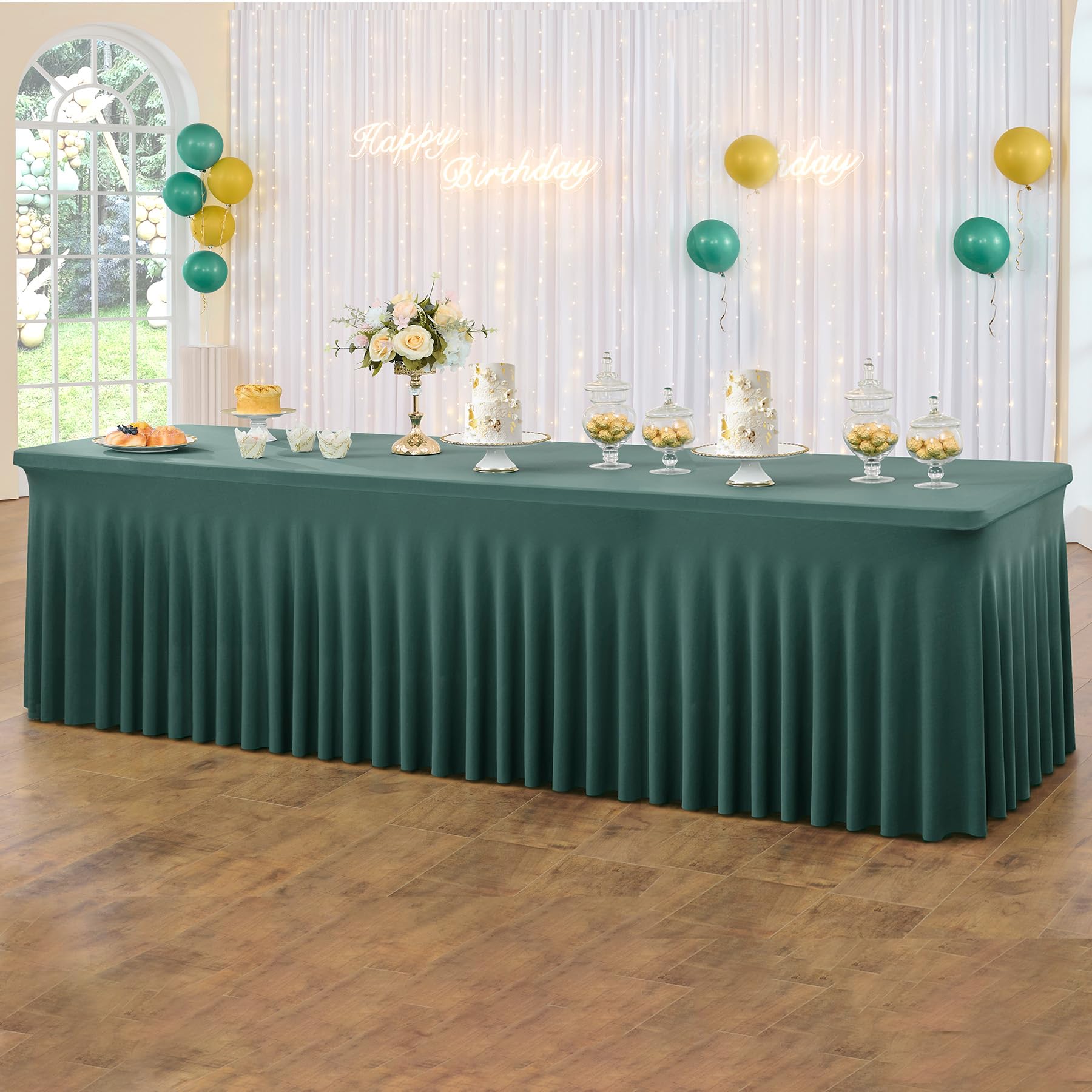 Hunter Green Spandex Table Clothes for 8 Foot Rectangle Tables, Wrinkle Free Fitted Tablecloth Cover 8ft Green Stretchy Tablecloths with Skirt for Parties Weddings Birthday Banquet Baby Shower