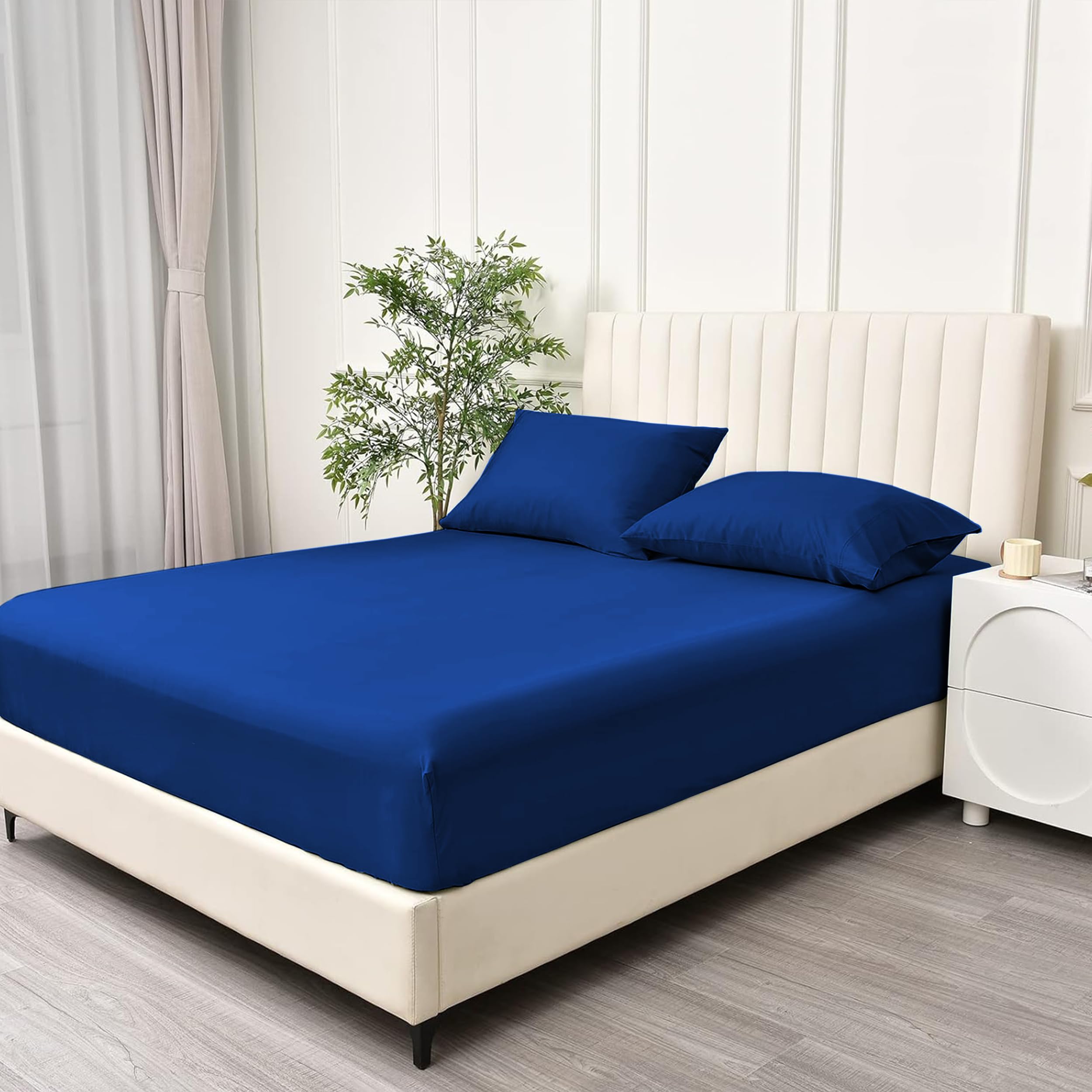 BQC Royal Blue Fitted Sheet King Size 150 x 200 cm - Deep Pocket 12 Inch (30cm) - Soft Easy Care Brushed Microfiber Plain Bed Sheet - Hotel Quality Shrinkage and Fade Resistant Bedding