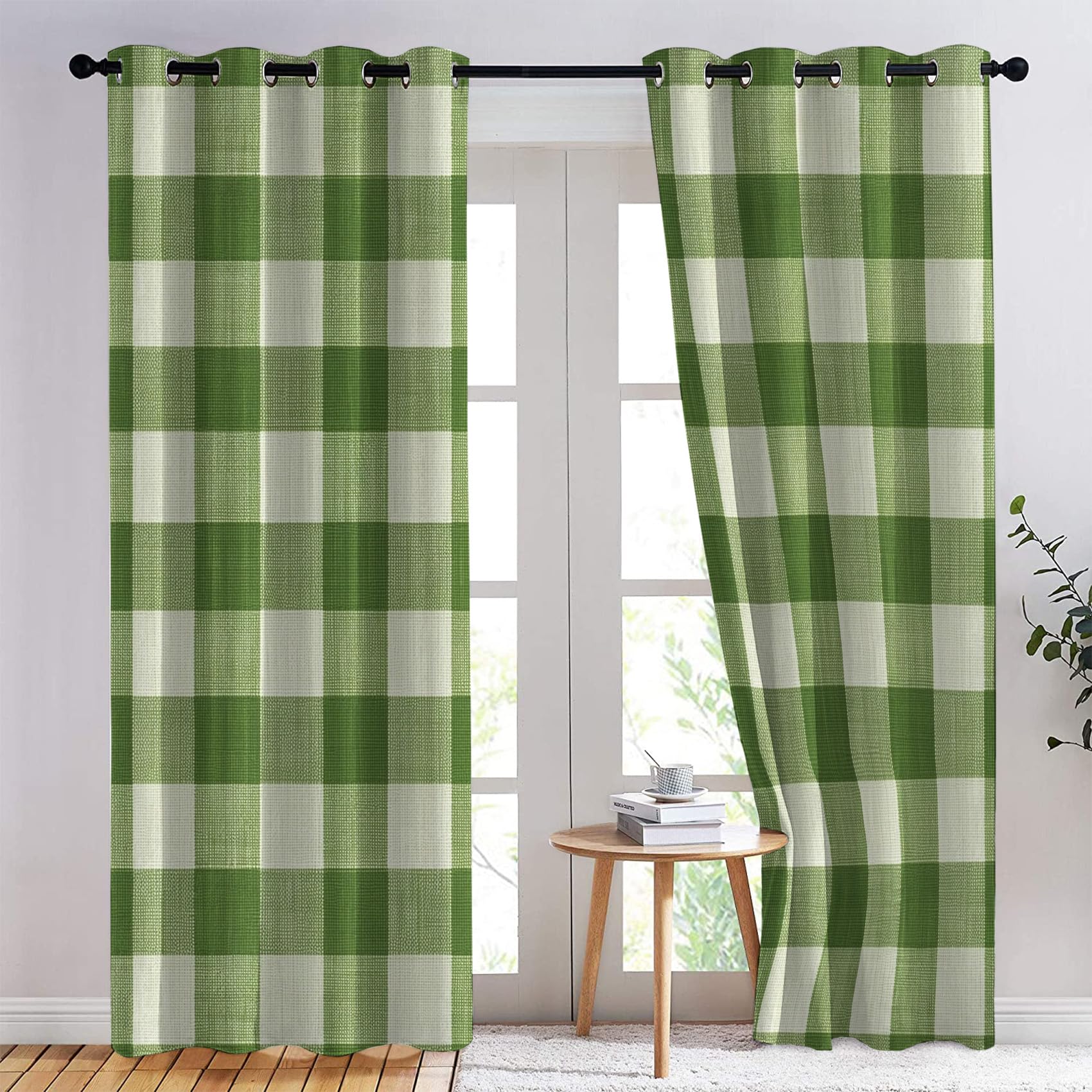 Rideau Occultant Écossais - Décoration Écossais, Rideau Thermique Motif Vert Sauge et Blanc Vichy Carreaux, Lot de 2 Rideaux Opaque à Oeillets pour Fenetre Chambre Salon, 117x137 cm (LxH)