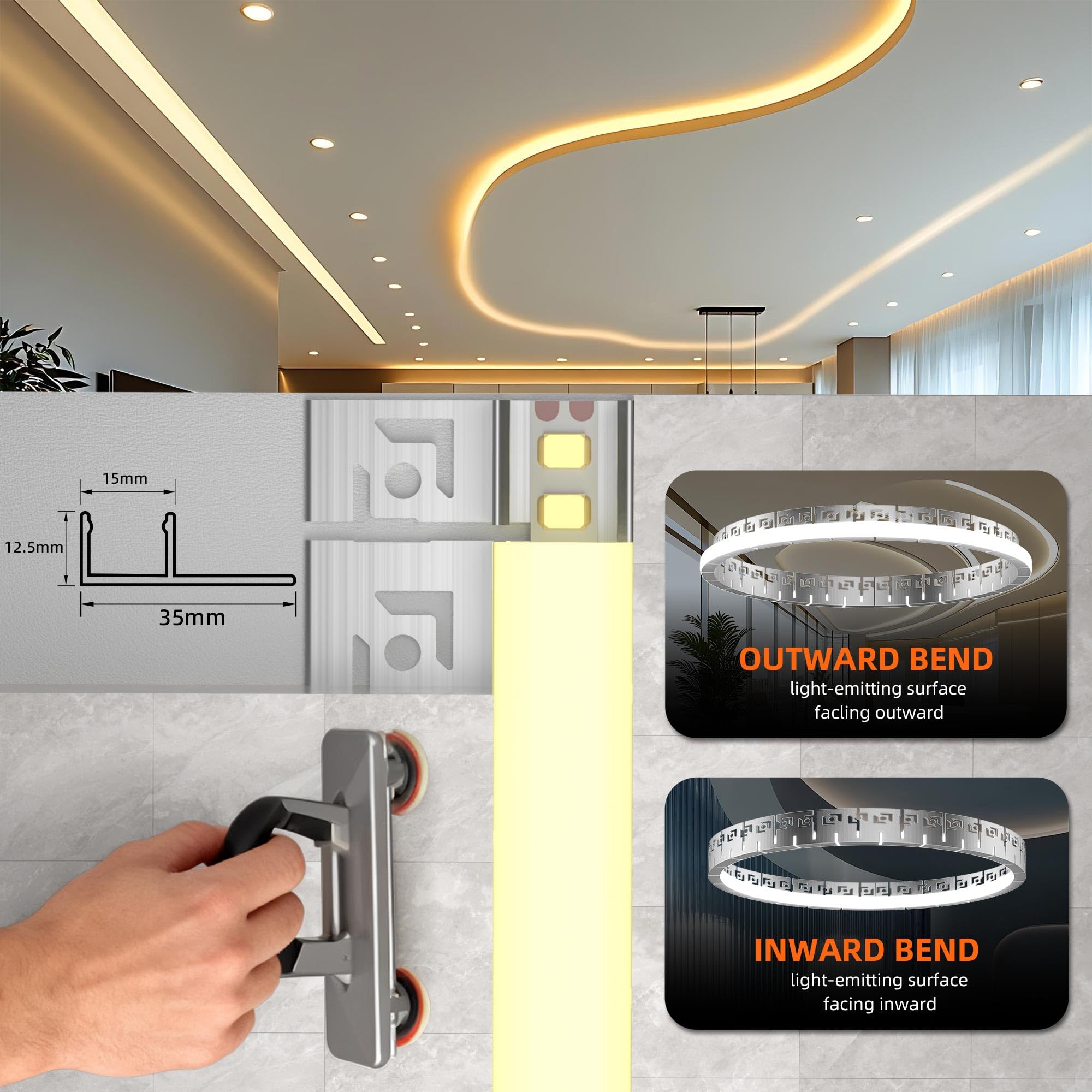 Profil do płytek LED, elastyczny, 2 m × 24 – giętki profil aluminiowy LED, do montażu na sucho, profil podtynkowy 40 x 12,5 mm, do pasków do 15 mm – profil montażowy do sufitu i ściany