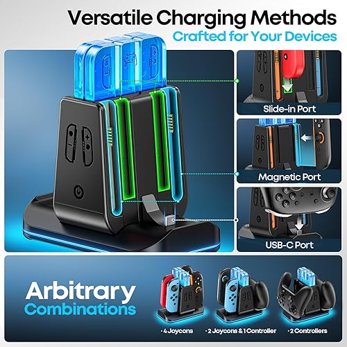 Miniatura 3 de Cargador de controlador Switch 2 y 1, base de carga 2 en 1 para Switch 2025/OLED/Joycons originales, estación de carga rápida con 9 modos RGB