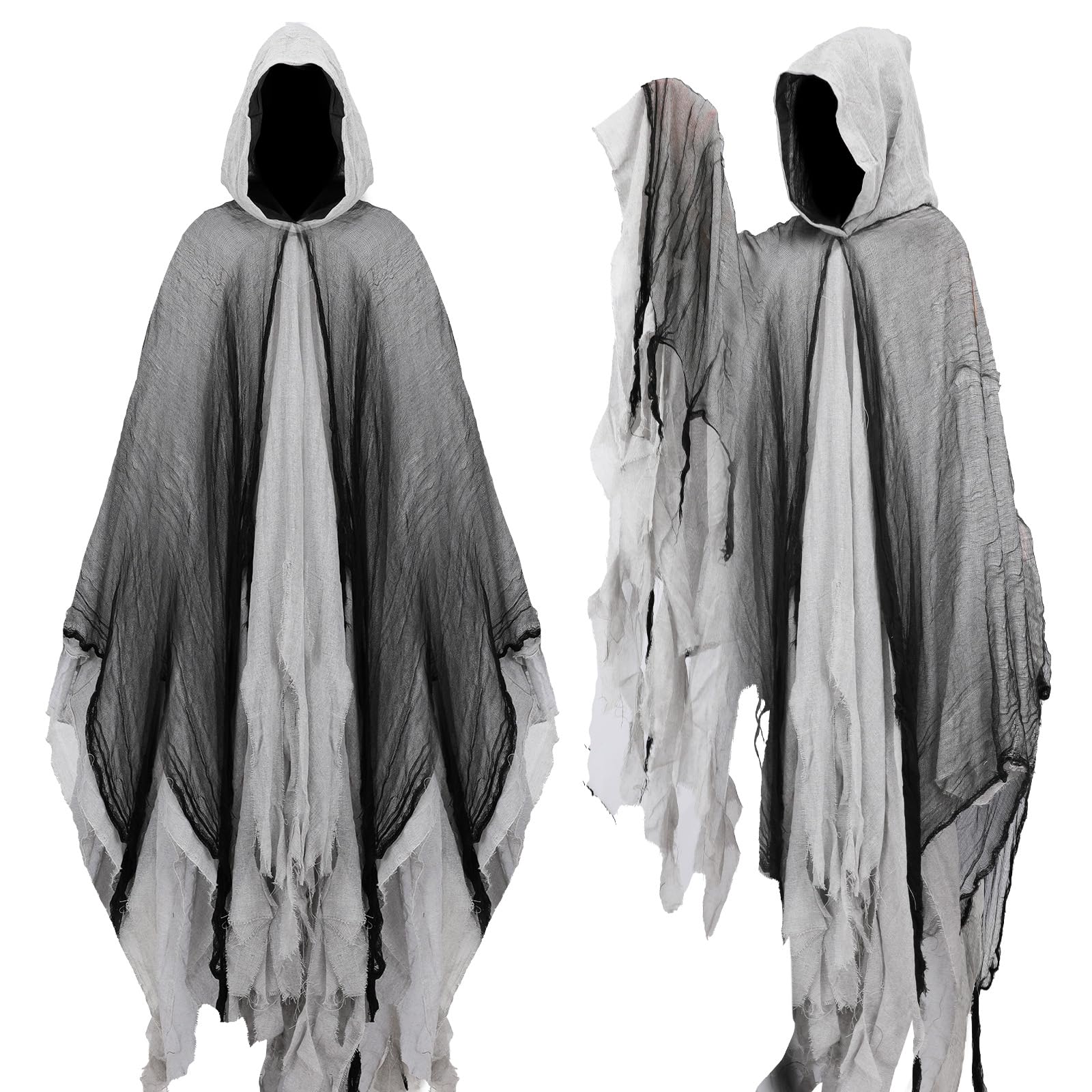 Adults Grim Reaper Cloak, 3PCS Halloween Death Hooded Costume with Robe Scythe Gloves, Fancy Dress Ghost Cosplay Party Props (Grey, one cloak)