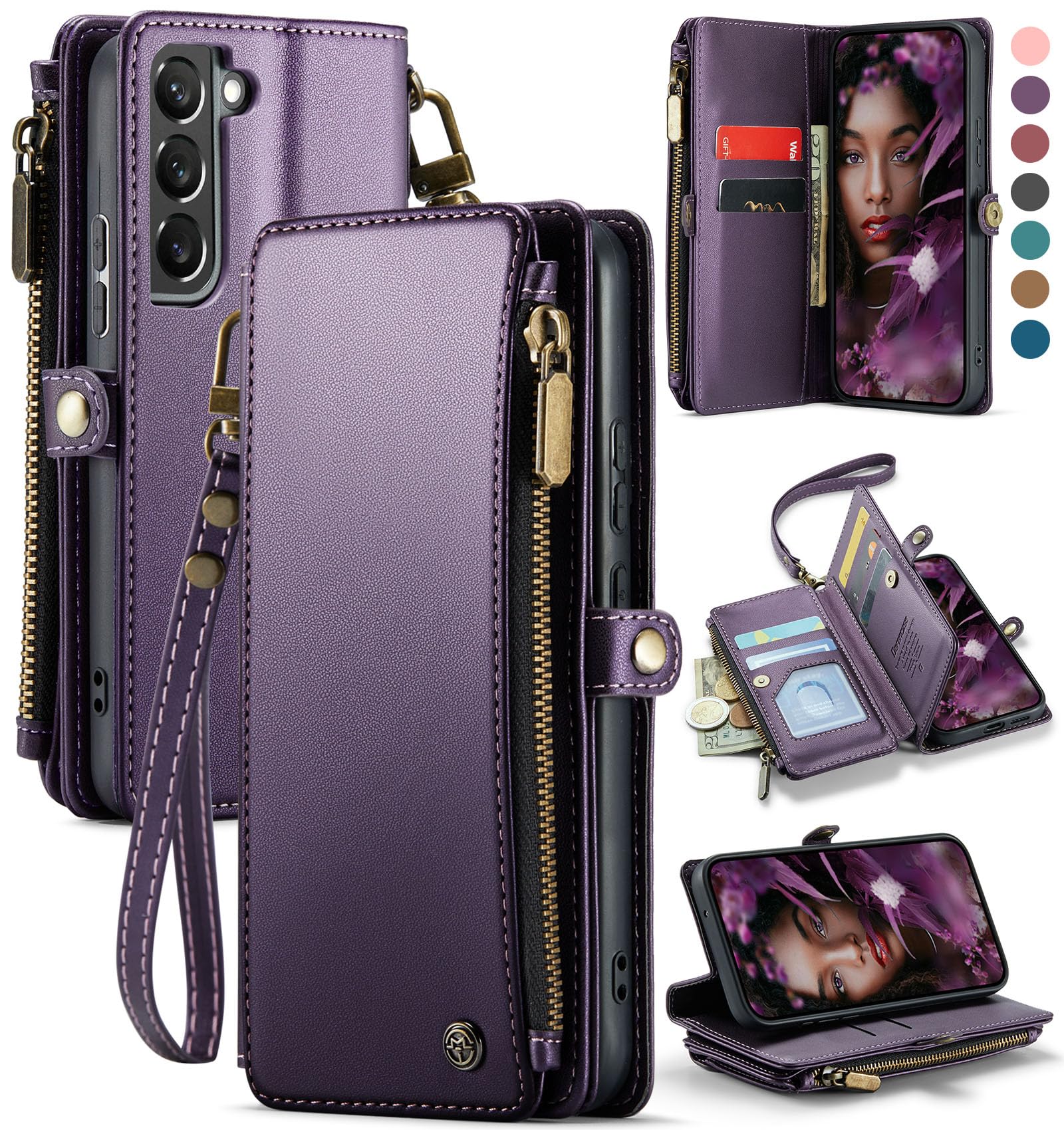 Defencase Compatible with Samsung Galaxy S22 5G Case Wallet with RFID Blocking Card Holder for Women Men, PU Leather Magnetic Snap Flip Zipper Strap