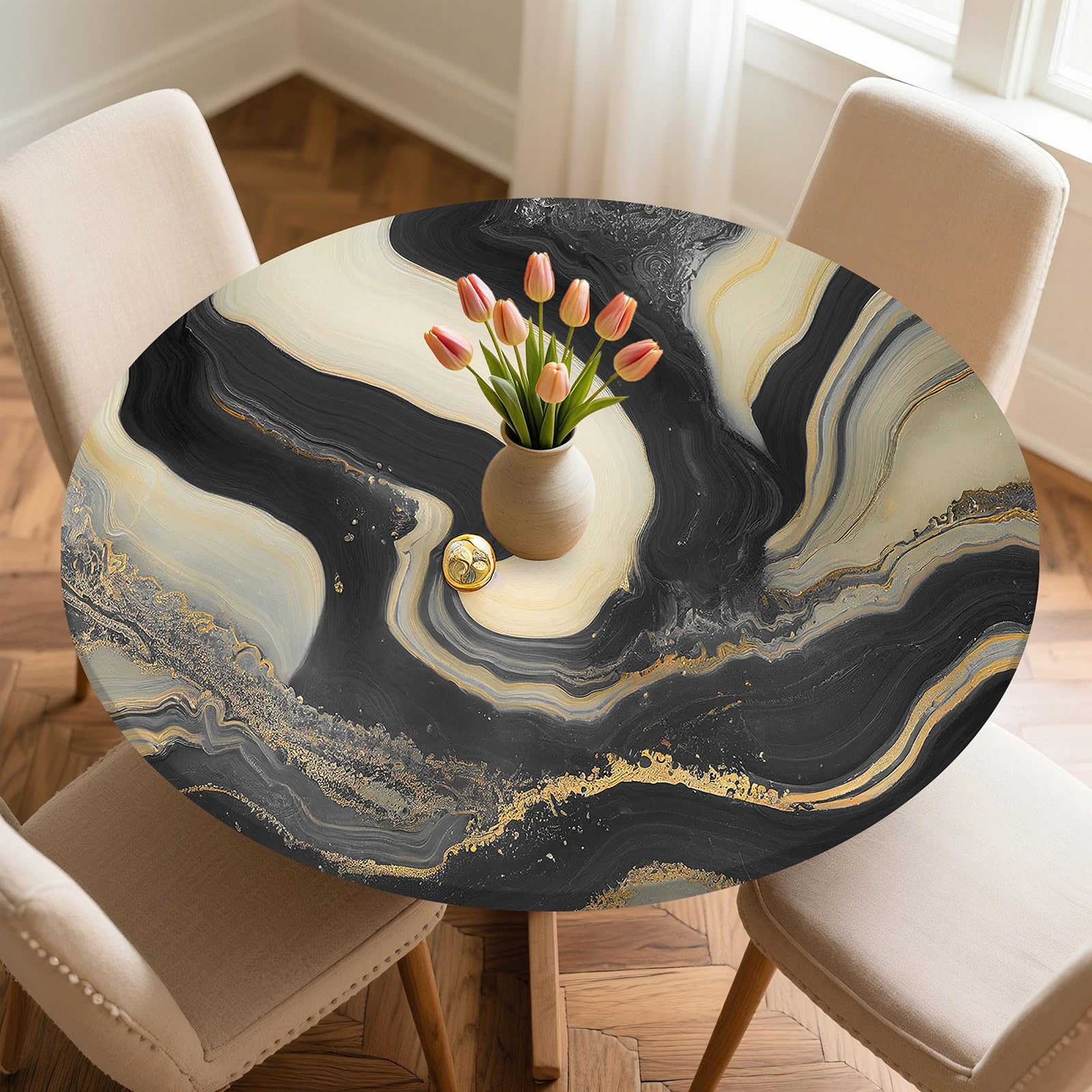 Odot Round Tablecloth Wipe Clean 60-160cm, 3D Black Marble Round Outdoor Table Cover Fitted Elastic Edged Washable Circle Table Cloth Protector Decorative for Kitchen Dining Room (Beige,150cm)