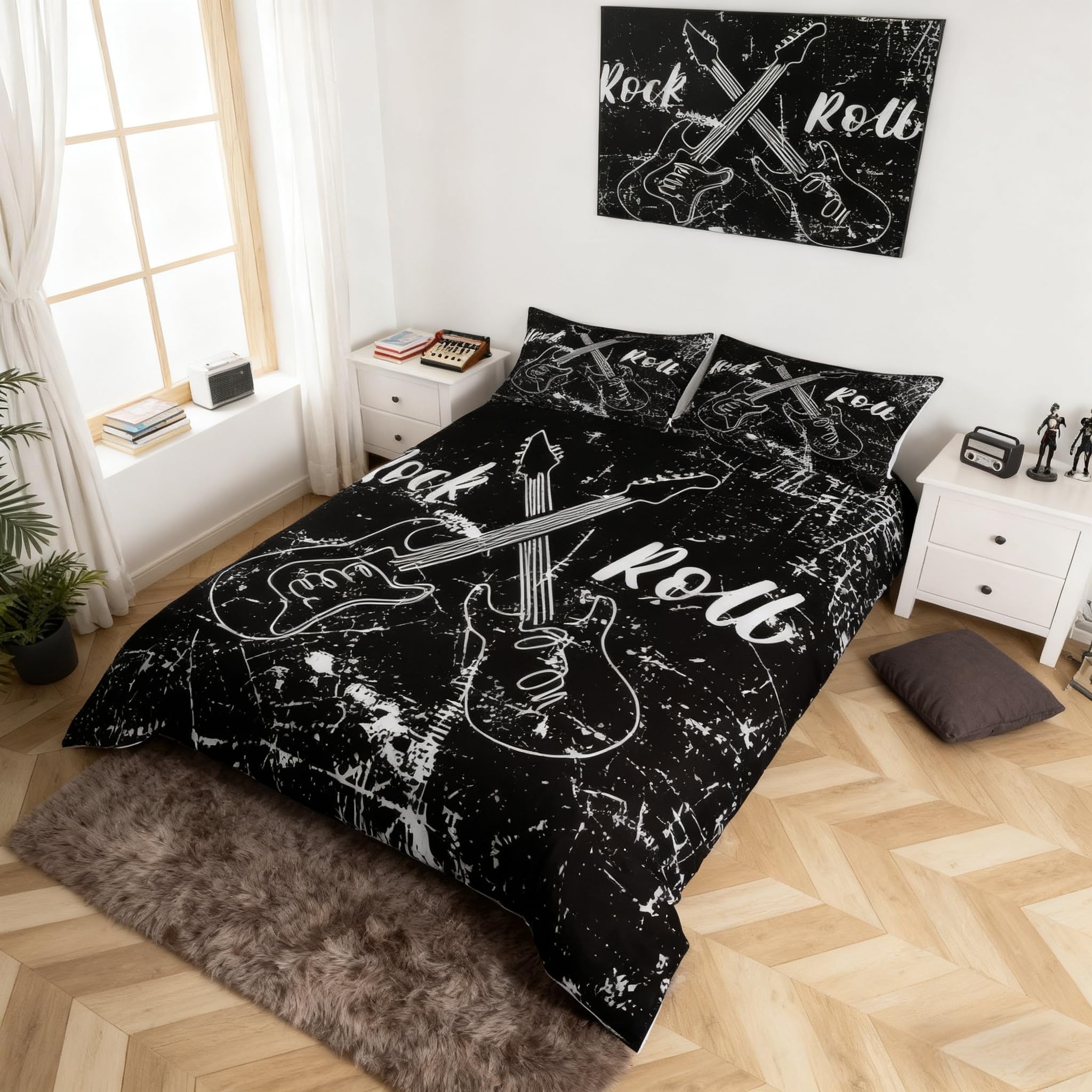 feelingyou Rock Roll Music Comforter Cover,Guitar Instrument Duvet Cover for Girls Teens Decorative Bedroom,Retro Abstract Graffiti Polyester Quilt Cover with 2 Pillowcases, Double Size