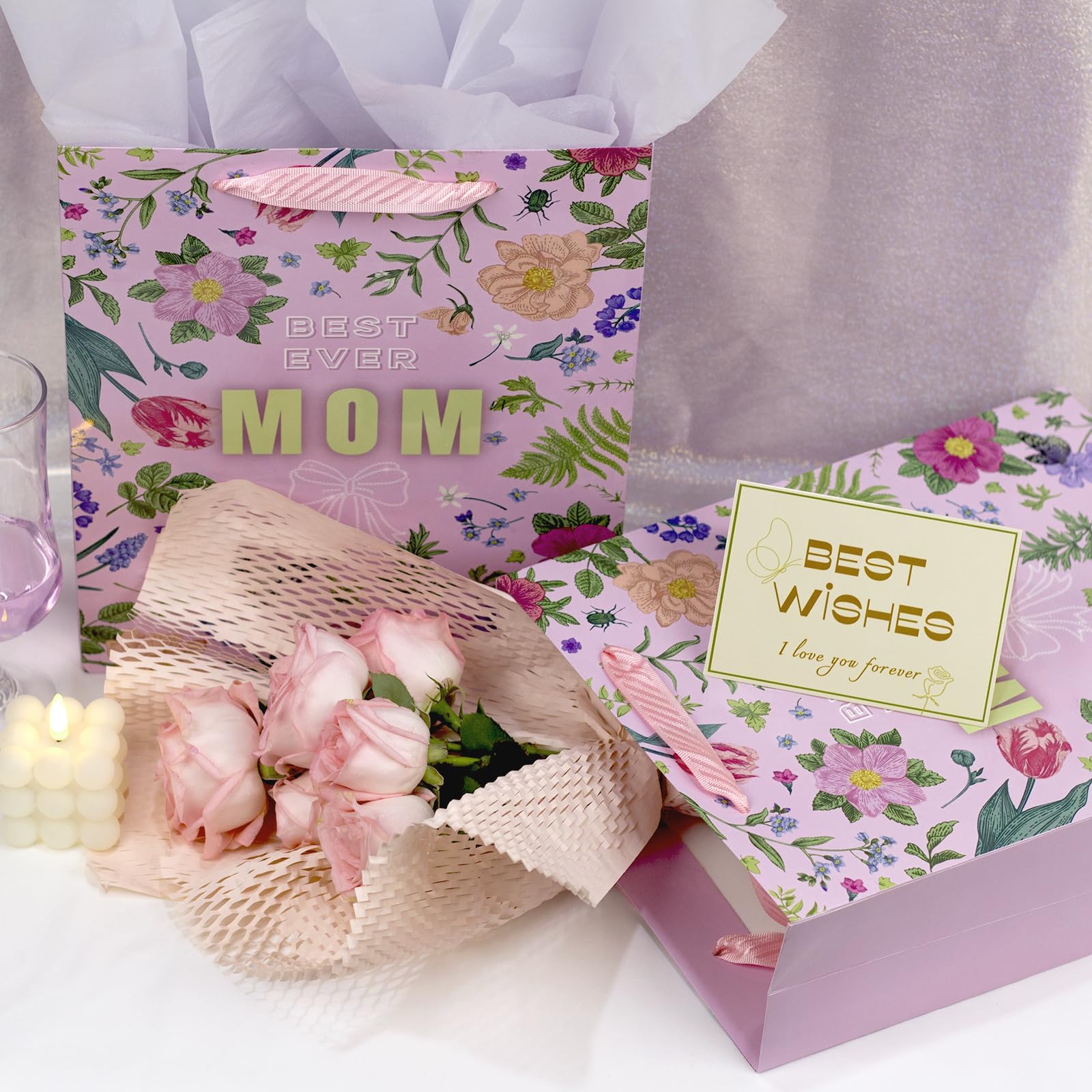2 Pack 13" Large Mother Day Gift Bags with Handles, Pink Floral Gift Bags with Tissue Paper & Cards for Mom Grandma Women Holiday Birthday Mothers Day Gift Bags