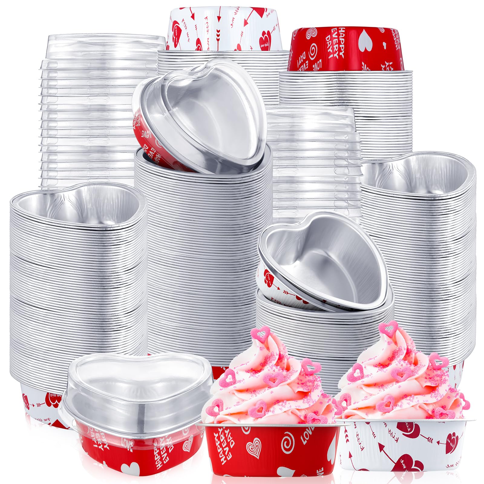 Vesici 120 Pieces Valentine's Day Aluminum Foil Cake Pan with Lids Heart Shaped Cake Pans Disposable Mini Foil Pan 3.4 Ounce Heart Pudding Cupcake Cup for Valentine Galentine's Day Wedding Birthday