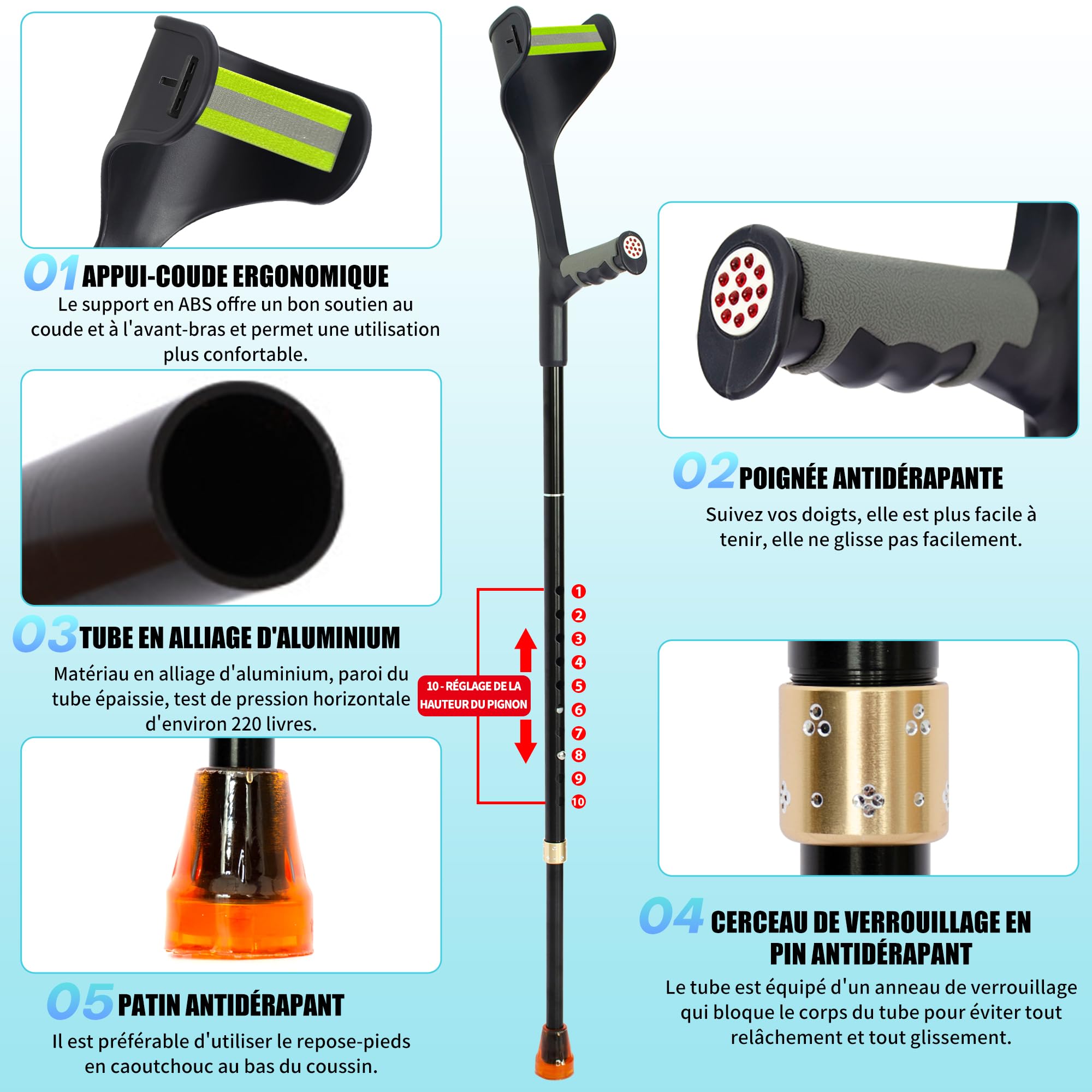 OUUTMEE Béquilles sous Aisselle Pliables, Charge Max 150KG, Noir | Lot de 2 Appui Axillaire Léger en Aluminium, Réglable en Hauteur, Charge Max 150KG, Pour Marche, Blessures et Rééducation