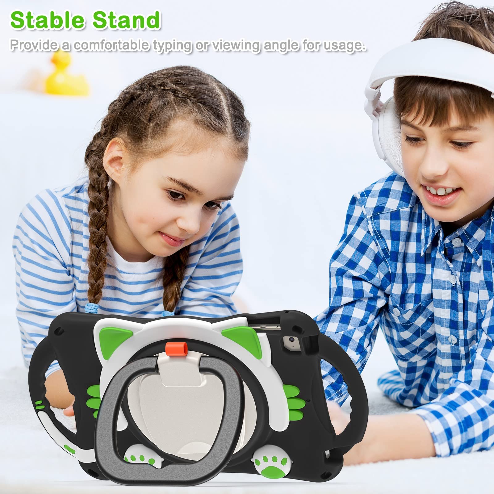 Etui na iPada Mini 1/2/3/4/5 uroczy kot dla dzieci przyjazny pokrowiec ochronny odporny na upadki odporny na wstrząsy W obrotowa podpórka + uchwyt + pasek na ramię (czarny + zielony)