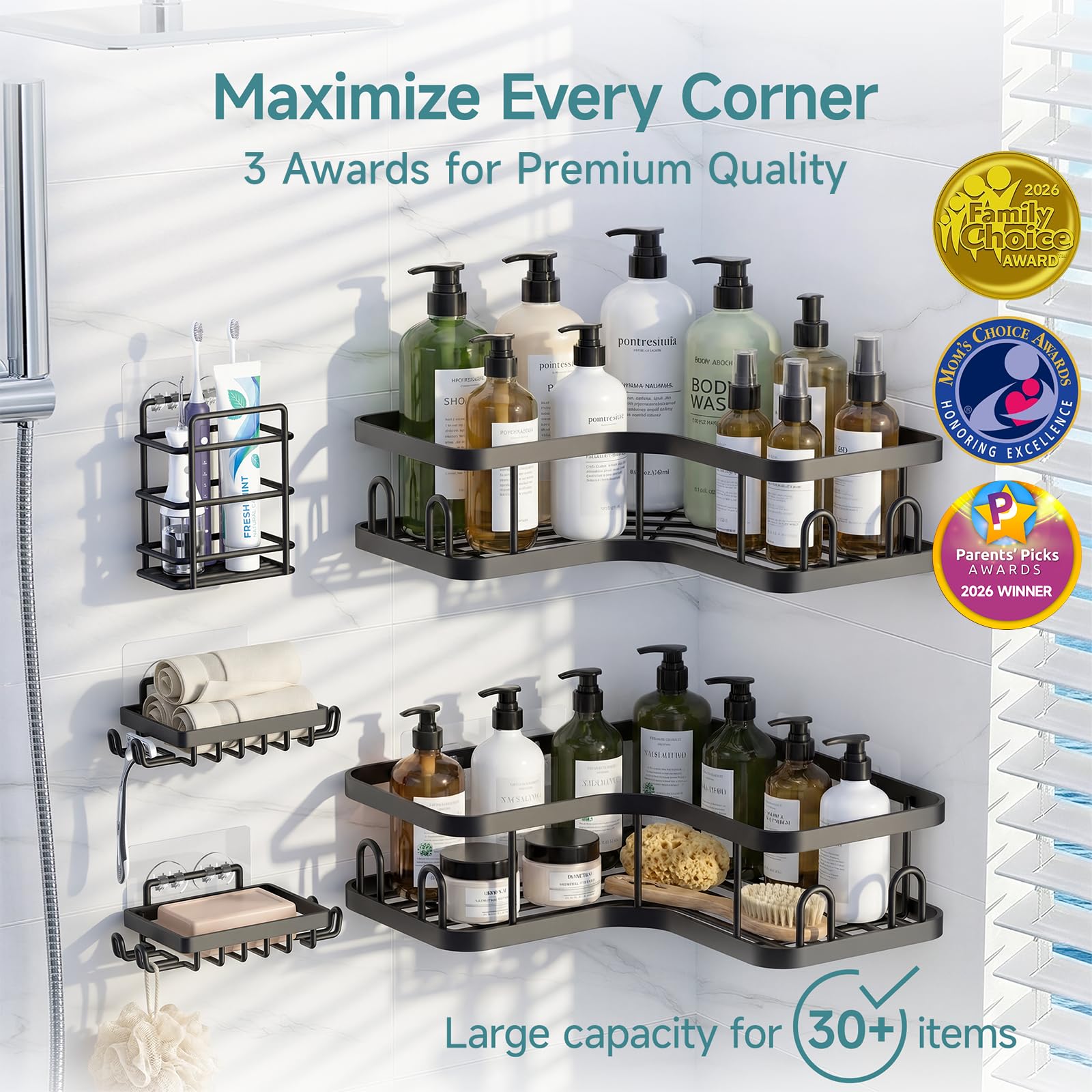 Condition photo showing New/Like New for veken corner shower caddy 5-pack, advanced rustproof design, no drilling adhesive shelves, rack with soap holder, large capacity bathroom organizers and storage, wall-mounted kitchen&home decor,black