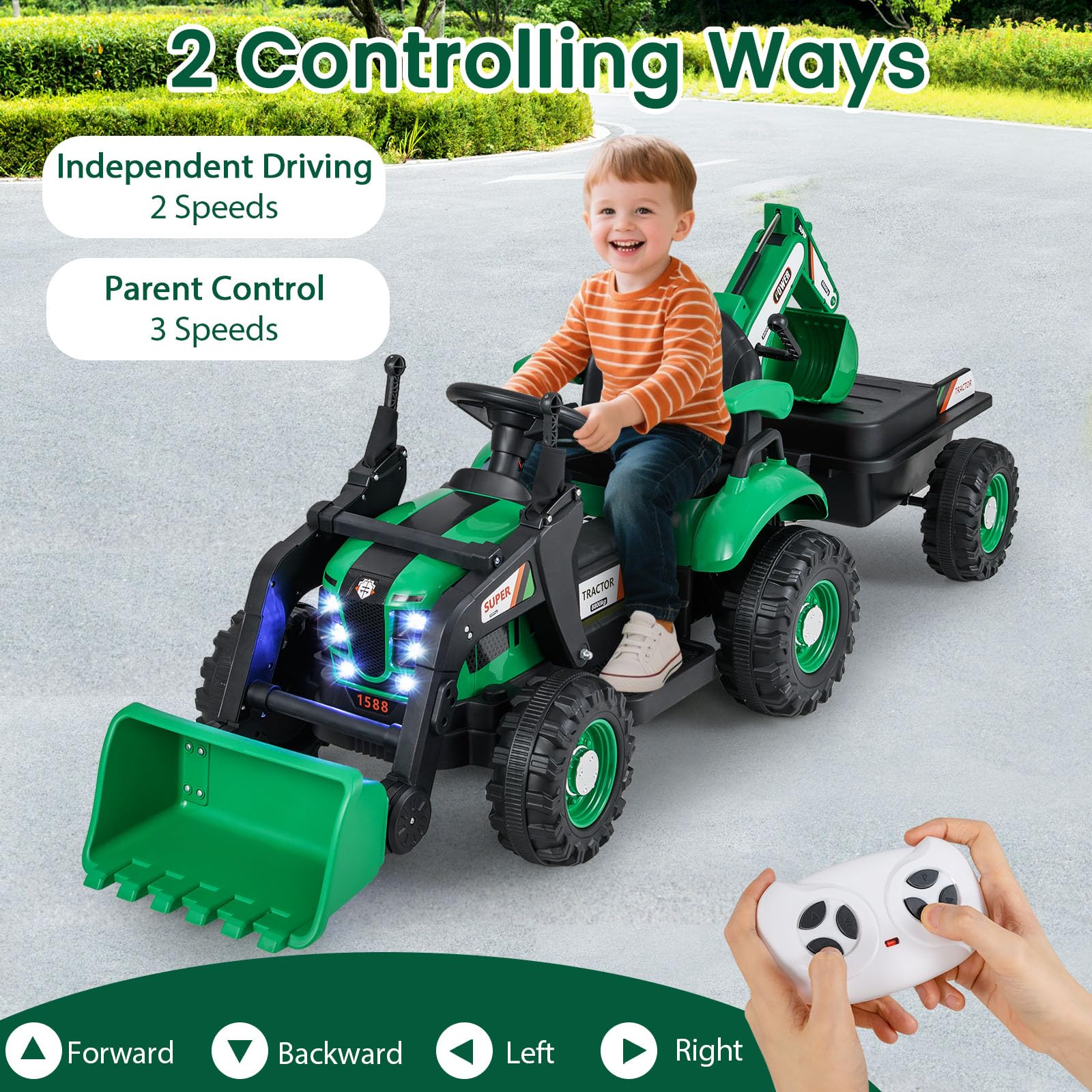 RELAX4LIFE Trattore Elettrico 4 in 1 per Bambini, Escavatore e Bulldozer con Rimorchio, Pala e Ruote Antiscivolo, Veicolo da Cantiere con Sedile Regolabile, Luci LED per Bambini di 3+ Anni (VERDE)