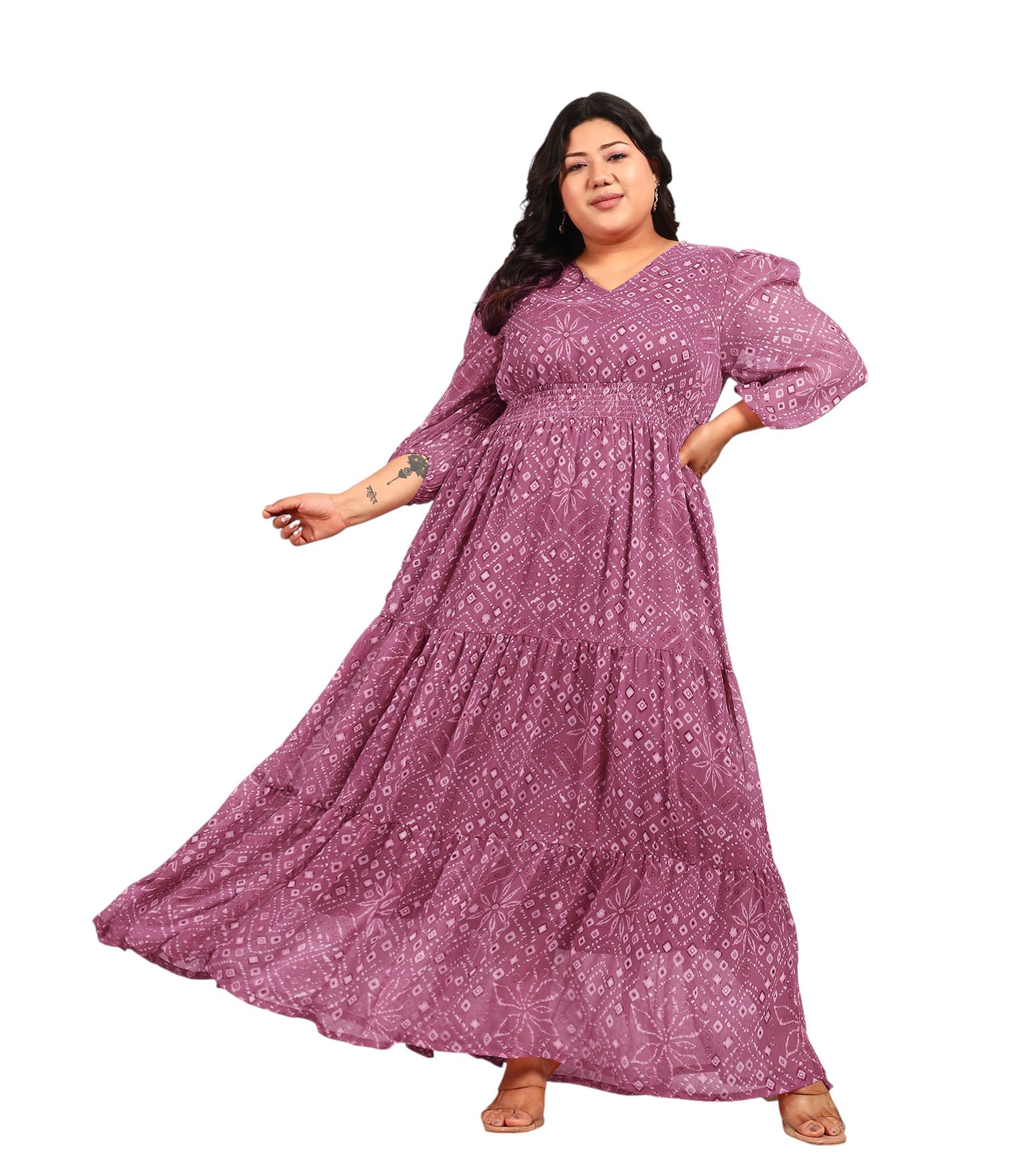 deebaco Women's Plus Size Bandhani Chiffon Smocking Tiered Maxi Dress|Sleeveless|V-Neck Frill|Casual Trending Stylish Long One Piece Dresses Women Western-picture-45
