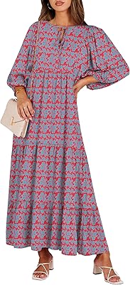 ANRABESS Womens Boho Maxi Dresses 2026 Summer V Neck Puff Sleeve Floral Flowy Swing Fall Casual Long Dress