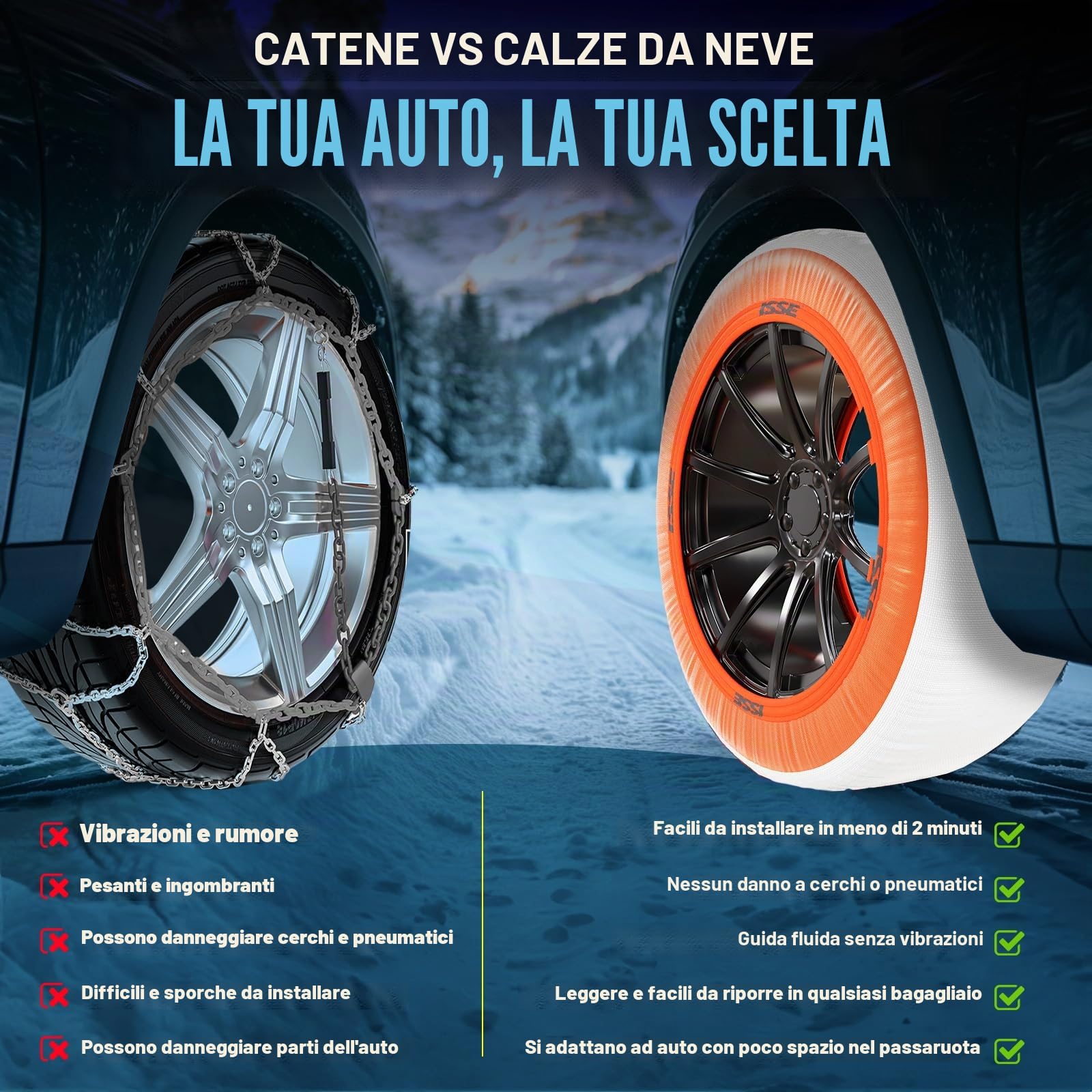 ISSE Super T 70 - Calze da Neve Omologate Italia EN 16662-1 – Catene da Neve Tessili Facili da Installare - Resistenti - Kit con 2 Calze da Neve e Guanti