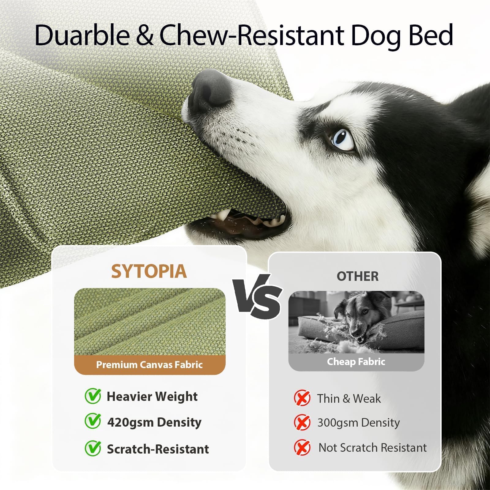 Sytopia 42 Inch Indestructible Dog Beds for Large Dogs, Canvas Outdoor Chew Proof Dog Bed, XL Orthopedic Pet Bed with Waterproof & Washable Removable Cover, Non‑Slip Bottom, Green - image 2