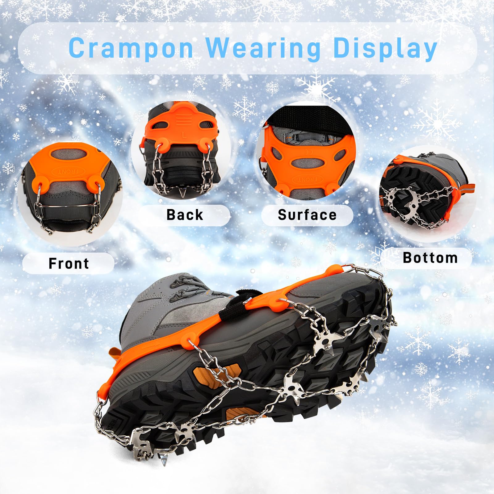 Vdealen Ramponi per Scarponi, 19 Denti Catene in Acciaio Inossidabile Portatile Ramponcini per Scarpe da Trekking Trail Running da Antiscivolo per Montagna Campeggio Alpinismo Inverno