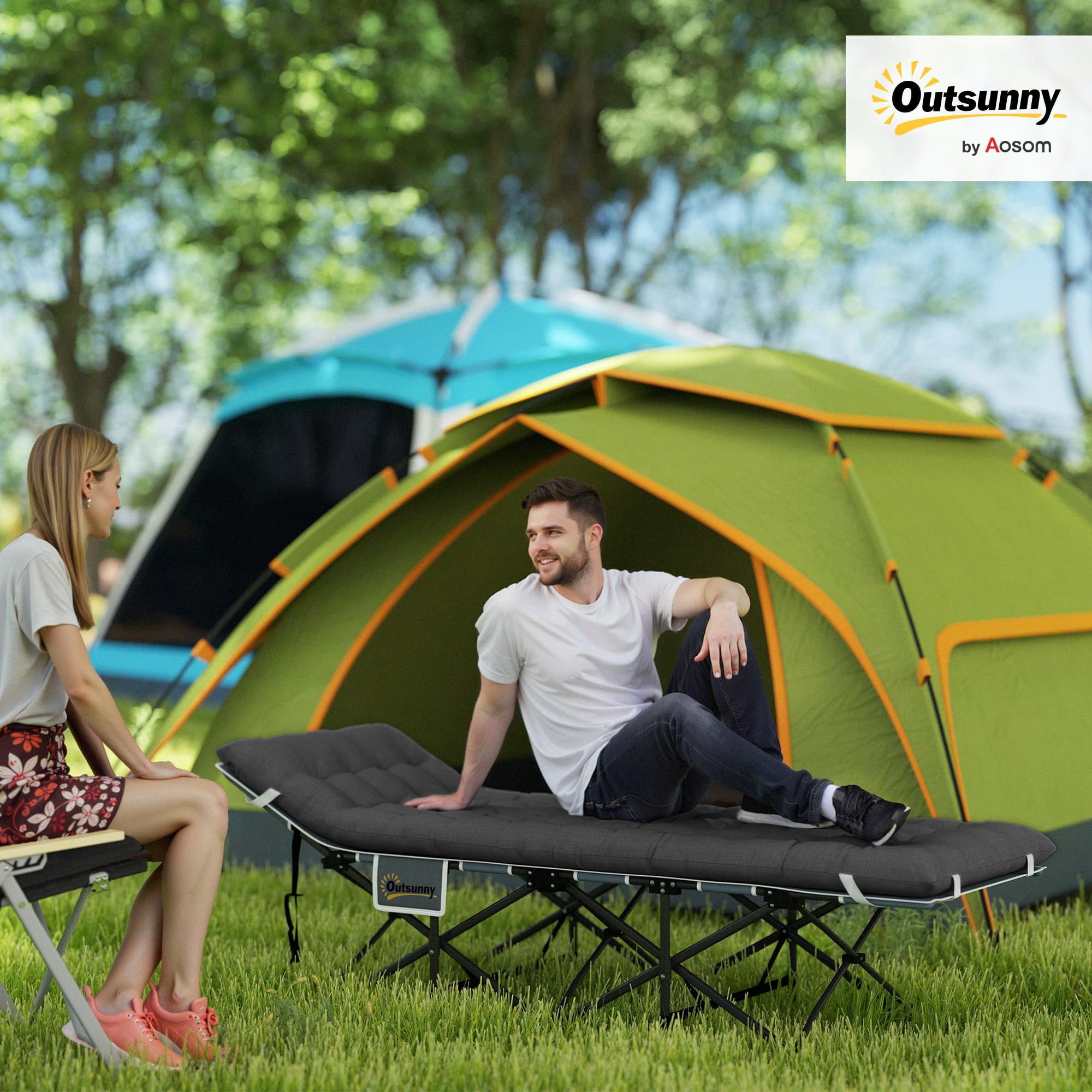 Outsunny Lettino da Campeggio Pieghevole con Poggiatesta Inclinato e Materasso Rimovibile, Brandina da Campeggio in Tessuto Oxford con Borsa da Trasporto, 68x186x37 cm, Nero