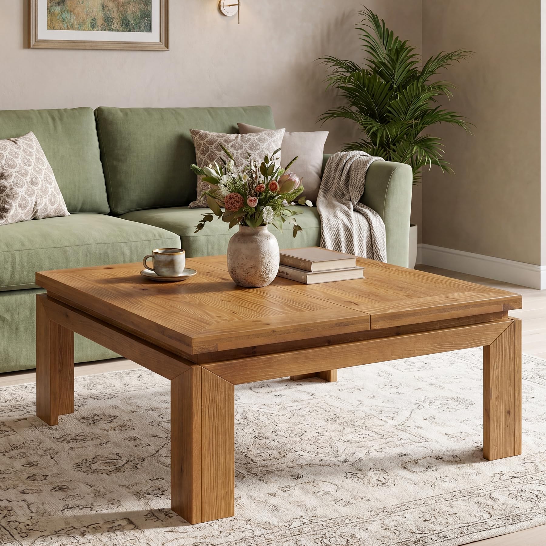 Tribesigns 100cm Square Solid Wood Coffee Table, Farmhouse Centre Table with Recessed Edge, Large Cocktail Table for Living Room, Natural Brown