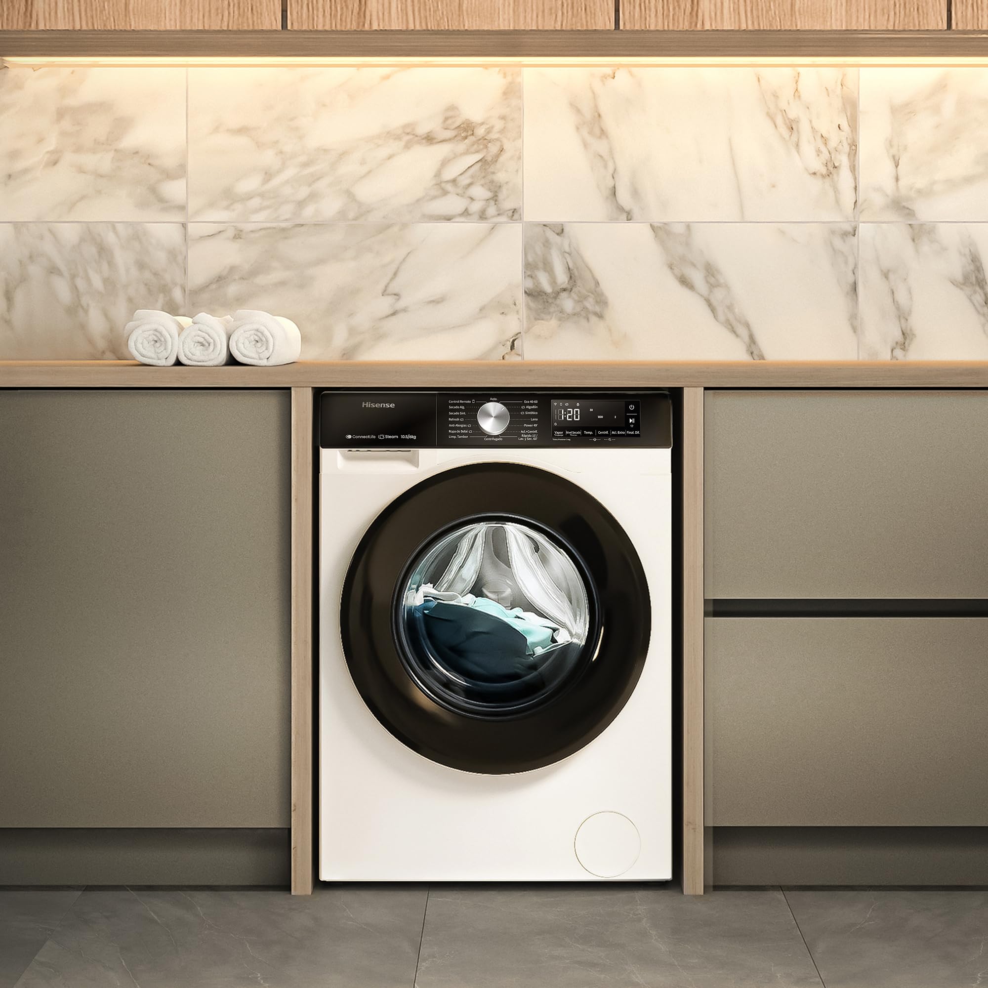 Hisense WD3S1043BW3 - Lavadora Secadora 2 en 1 con Vapor,Clase D/A, Carga Frontal 10.5 kg Lavado, Secadora 6 kg, Conectividad WiFi, Programación Asistida, Monitor de Consumo, Serie 3S, Blanco