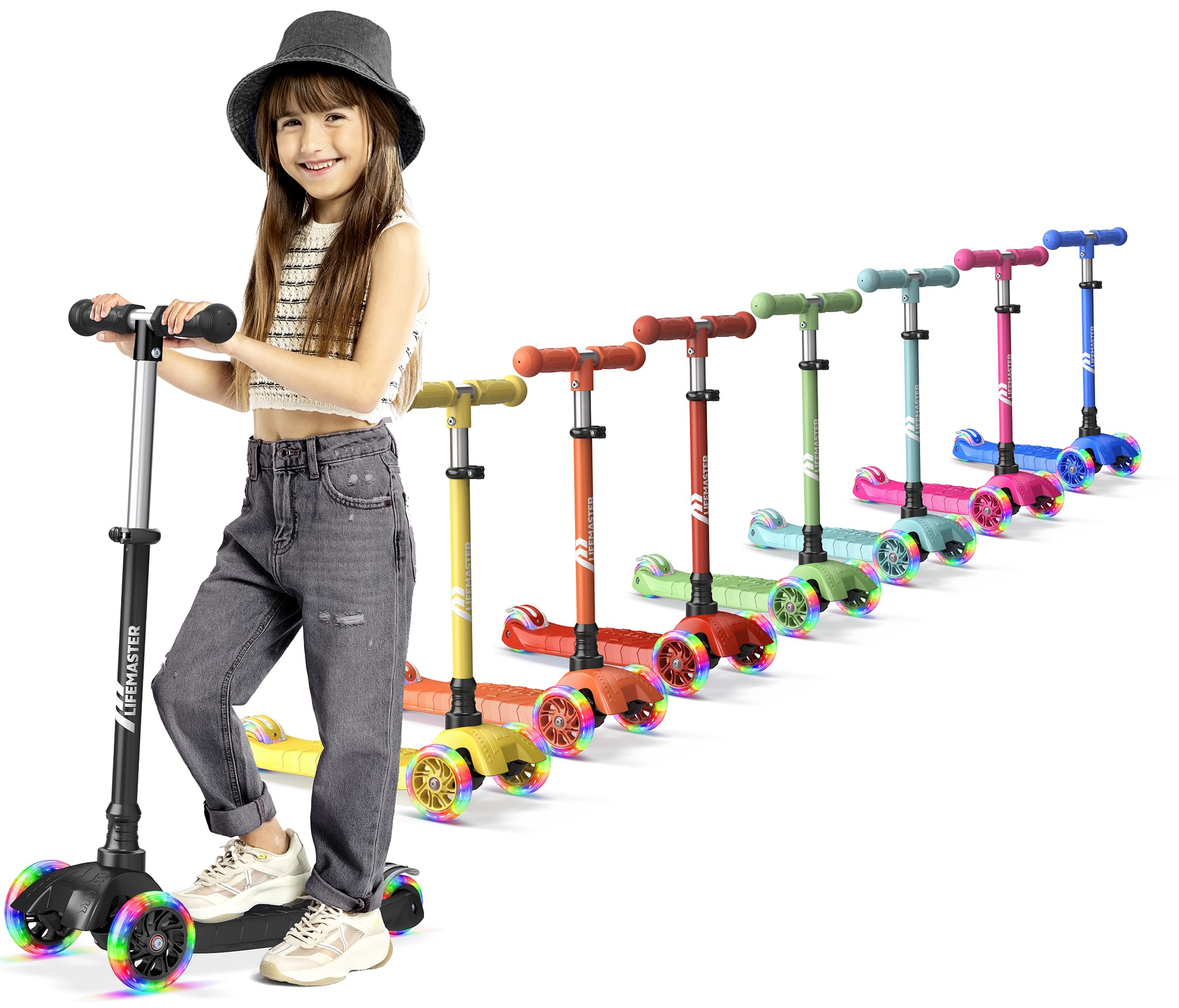 Lifemaster Mini 3-Wheel Kids Scooter with Multi-Color Wheel Lights – 4-Height Adjustable Handlebar, Wide Anti-Slip Deck, Child Safety Certified, Boys & Girls Ages 2+ Supports Up to 110 lbs