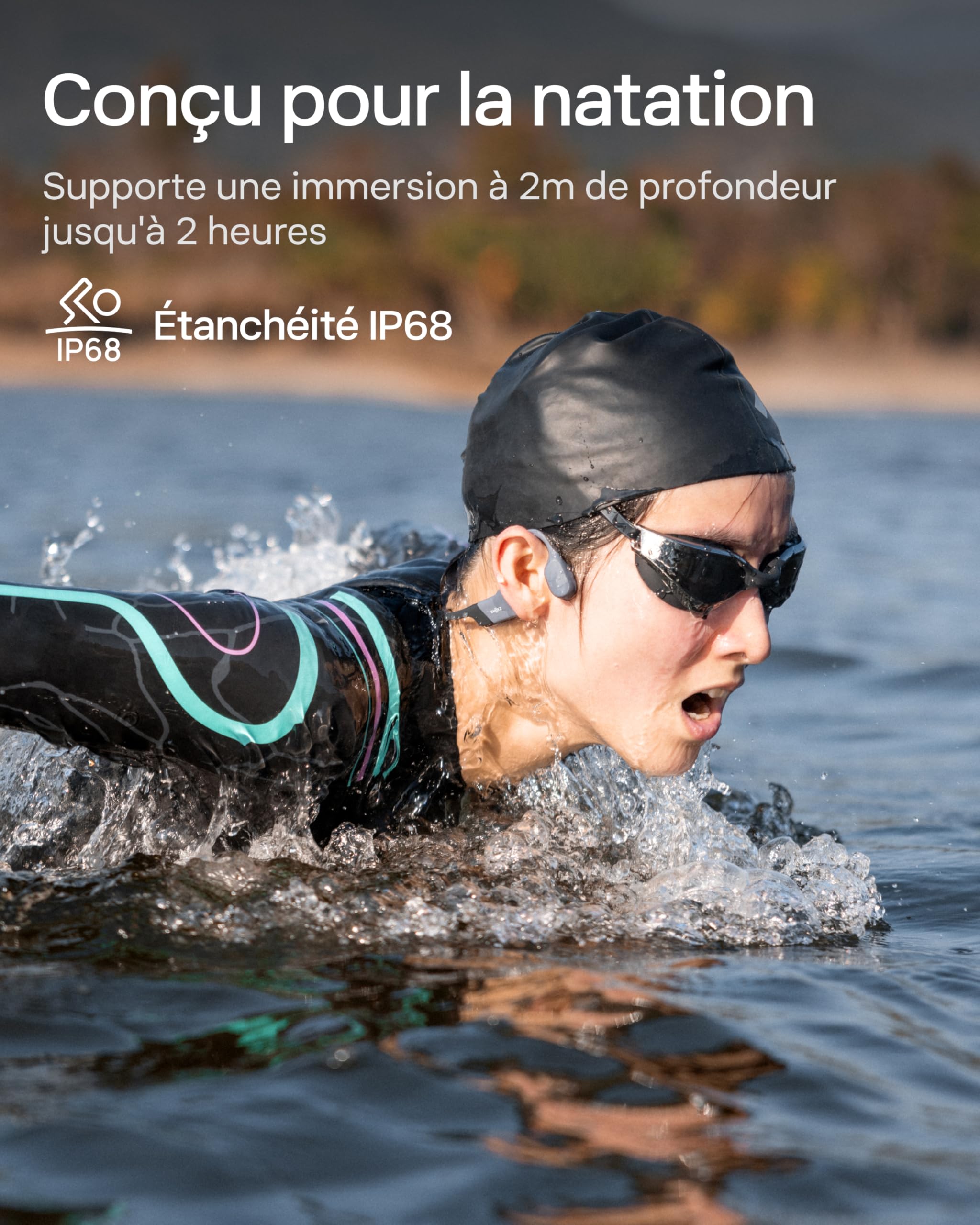 SHOKZ OpenSwim Pro Casque à conduction osseuse, écouteurs sans fil à oreilles libres, IP68, Bluetooth 5.4, stockage MP3 32 Go, micros à annulation de bruit, 9 h d'autonomie pour courir et nager - Gris