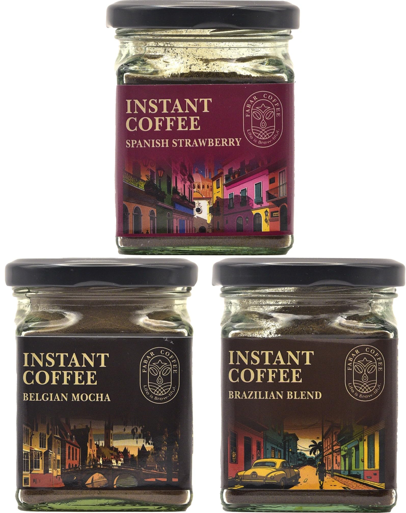 Fabar Coffee Belgian Mocha, Spanish Strawberry, Brazilian Blend, | Rich, Strong & Smooth | Espresso, Latte, Cappucino & Dalgona | Coffee Gift Combo | 50g Glass Jar | Buy 2 Get 1 Free