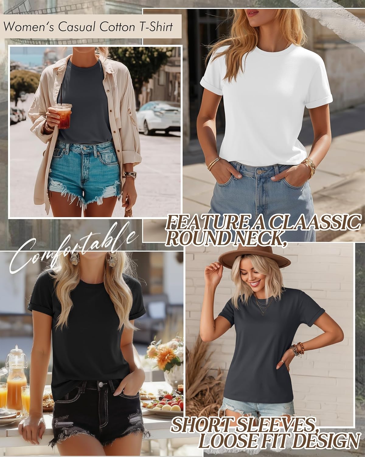 Huukeay 3 Pack Women's Cotton T Shirts Casual Short Sleeve Tunic Tops Crewneck Summer Loose Fit Plain Basic Tee - Image 3