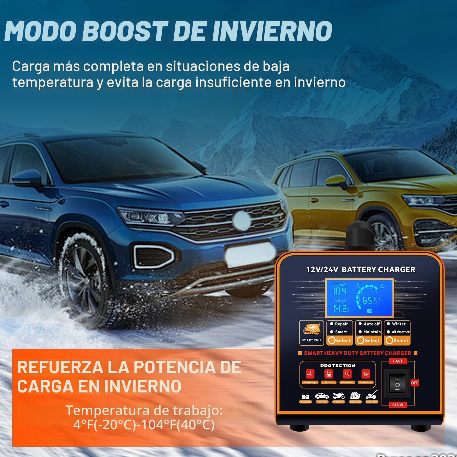20A Cargador de Baterías Metal 12V/24V Profesional Mantenedor Automático, Cargador Inteligente con Apagado Automático, Reparación, Modo Invierno para Coche Camión Moto (Plomo, AGM, Gel, etc)
