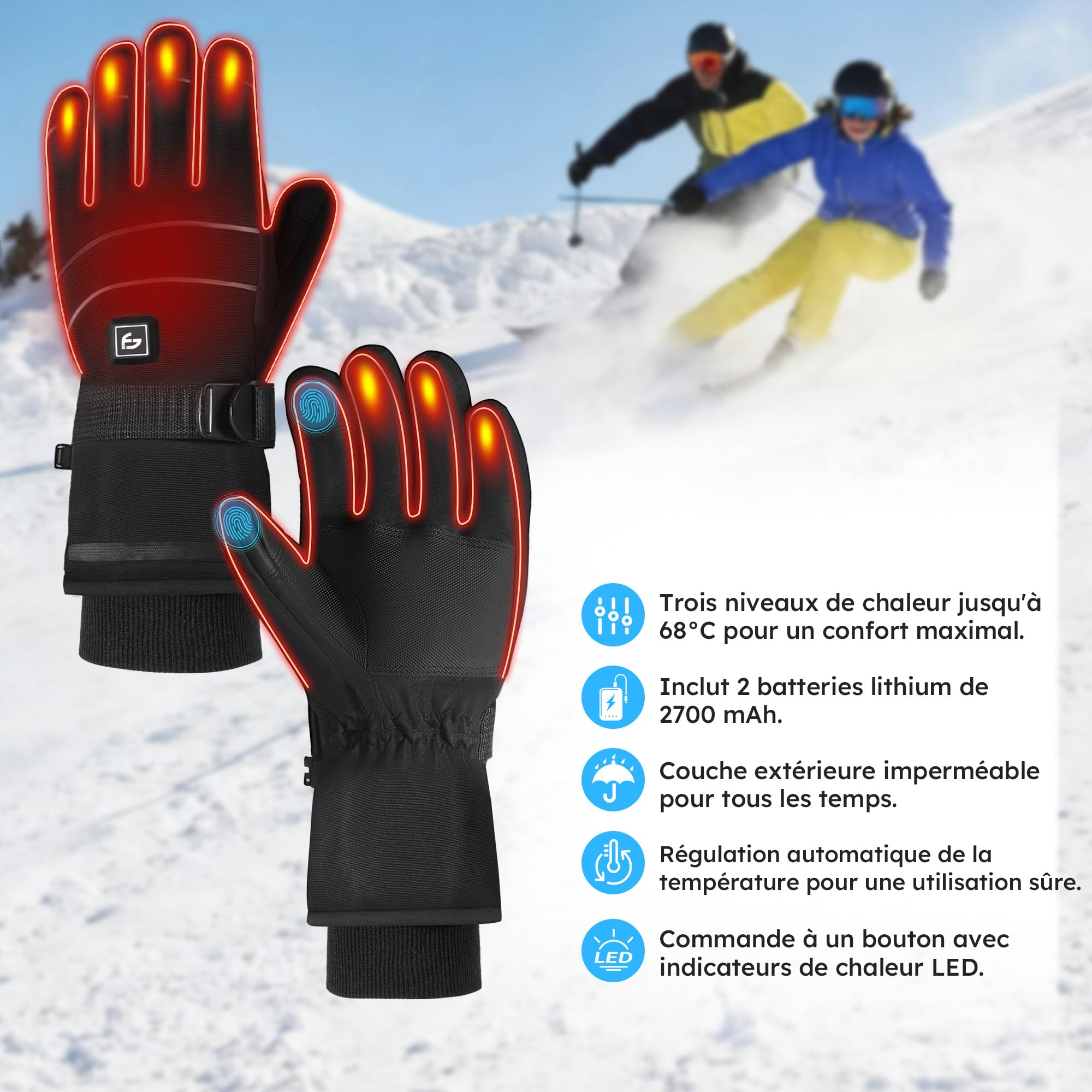 saaf Gants Chauffants - Pro - 3 Modes - Gant Électrique - Hydrofuge Et Vent - Gants Chauffants Rechargeables - Noir