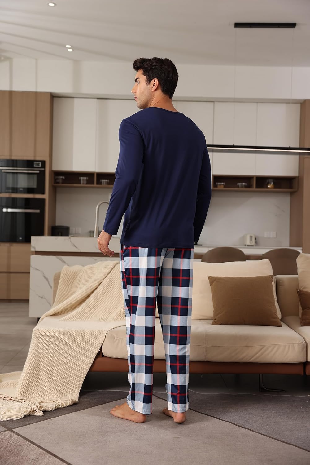 Men's Pajamas Set Long Sleeve Top with Plaid Pants Soft Sleepwear Loungewear - Image 3