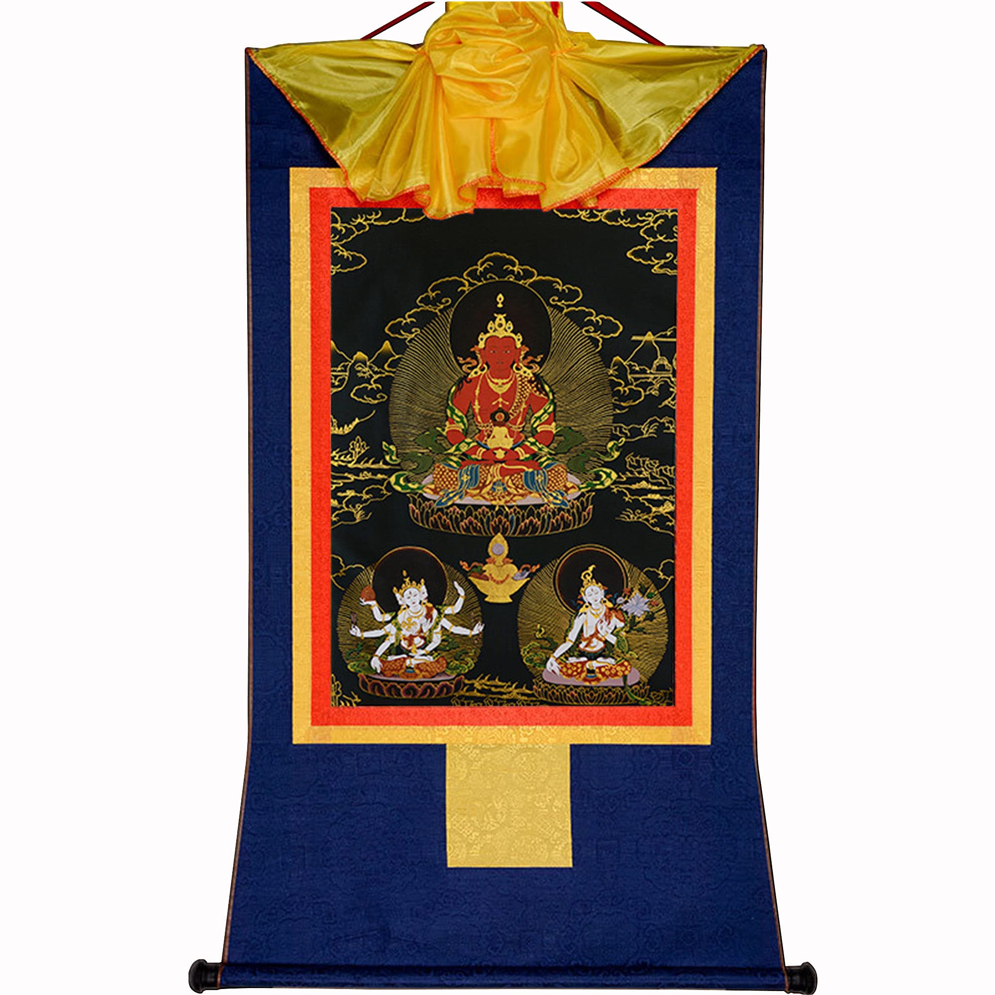 Gandhanra Tibetan Buddhist Thangka Wall Hanging,Amitayus Thangka - Buddha of Infinite Life - Tsepame,Hot Stamped Brocade Buddhist Tapestry for Zen Home Decor, Meditation, Spiritual Relaxation
