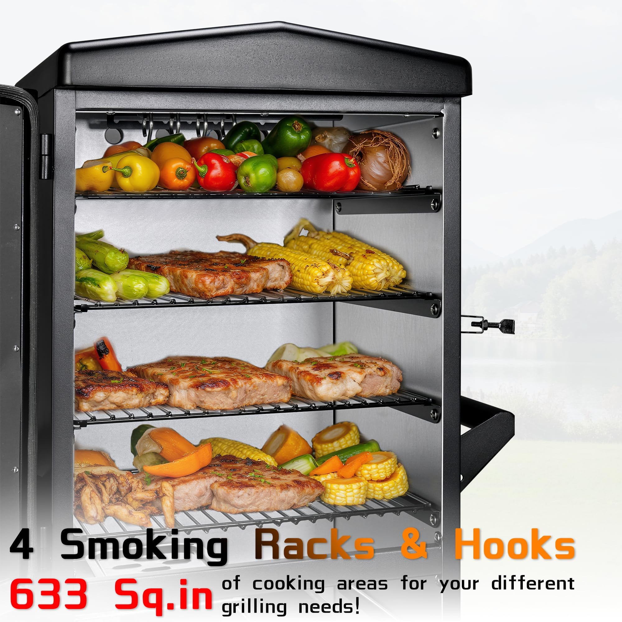 Duży pionowy elektryczny grill wędzarniczy, 4 stojaki, z wbudowaną sondą do mięsa, ładowarką do wiórów drewnianych i pokrywą odporną na warunki atmosferyczne, idealny do steków, ryb, żeber (czarny)