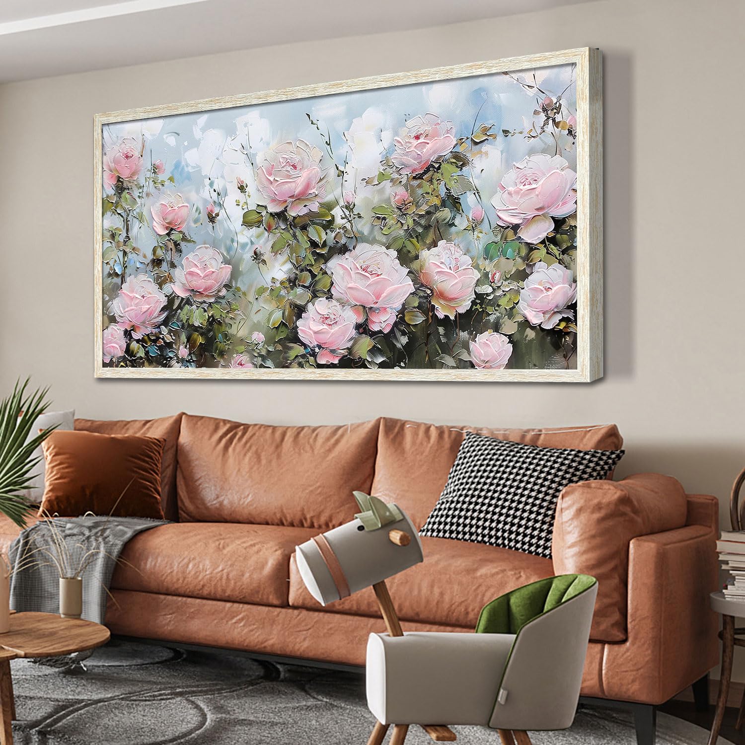 ardemy pink rose wall art canvas for living room, flower painting modern textured floral bedroom picture artwork framed home office kitchen decor large 48"x24"