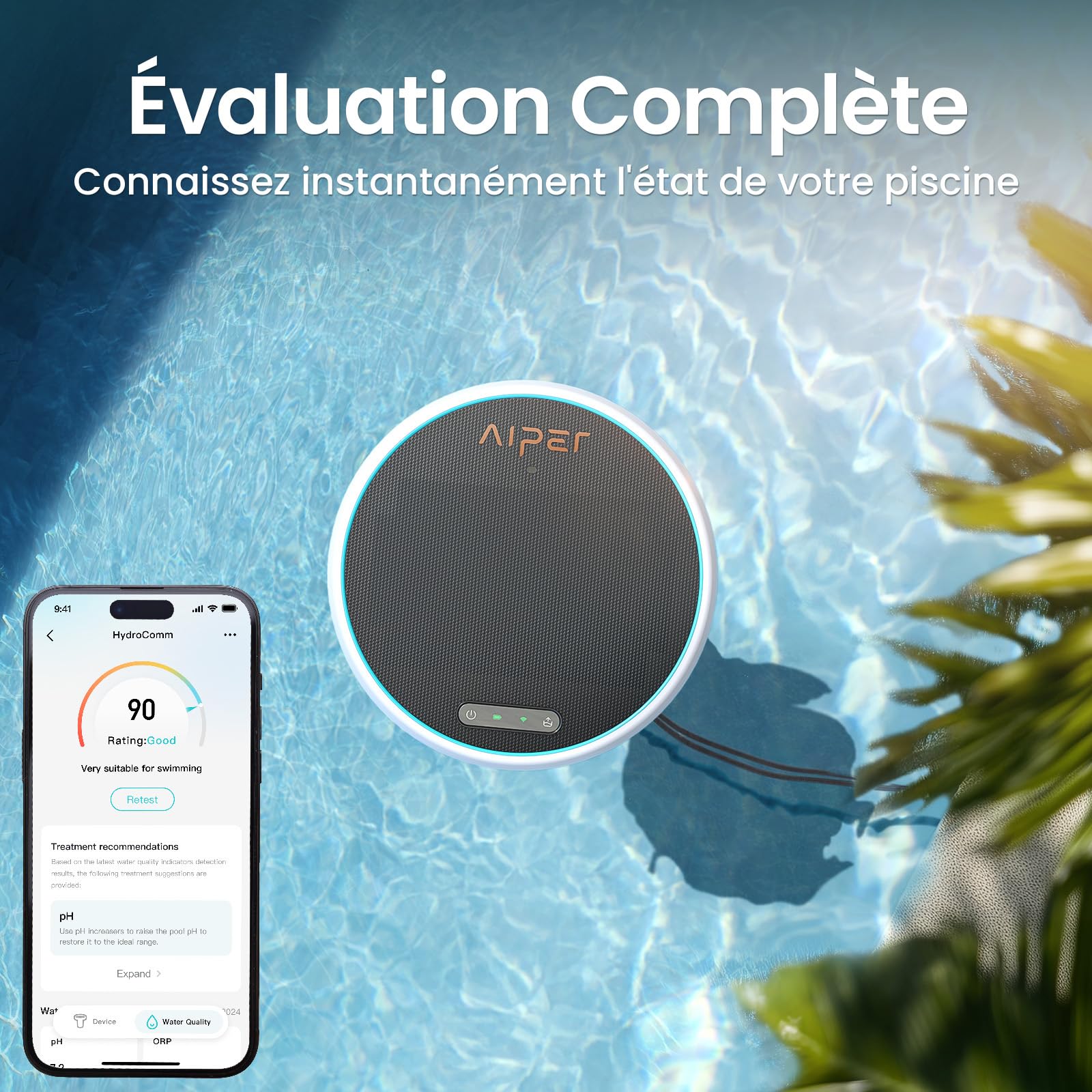 AIPER HydroComm Analyseur d'eau de Piscine Connecté, 5-en-1 Testeur pH, ORP, EC, TDS & Température, Surveillance Numérique 24/7, Application Mobile avec Conseils Personnalisés, Solaire + Batterie