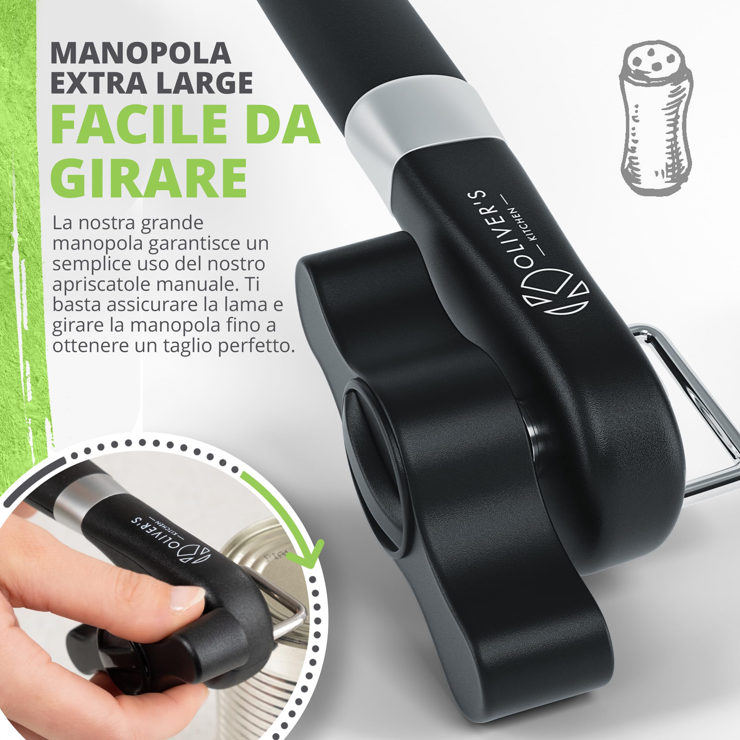 Oliver's Kitchen Apriscatole Professionale di Sicurezza Manuale per Lattine Bordo Smussato Impugnatura Ergonomic
