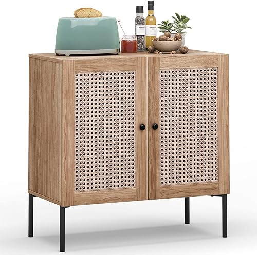 Miniatura 10 de Giantex 2 aparadores con almacenamiento, bufé de cocina con 2 puertas de ratán, gabinete de licor, armario de madera, muebles decorativos para