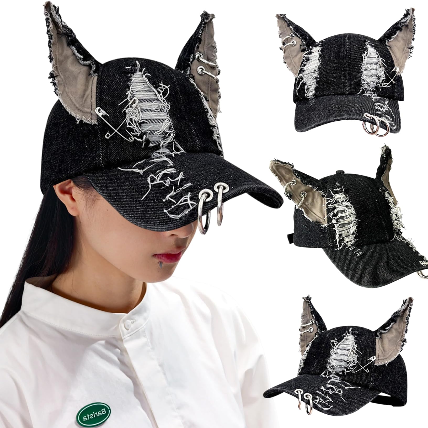 Chapeau à Oreilles De Chat Noir DéChiré Y2k Avec Cerceau En MéTal Casquette De Baseball EsthéTique Punk Grunge Protection Solaire Taille Unique Convient à La Plupart Des Casquettes De Baseball