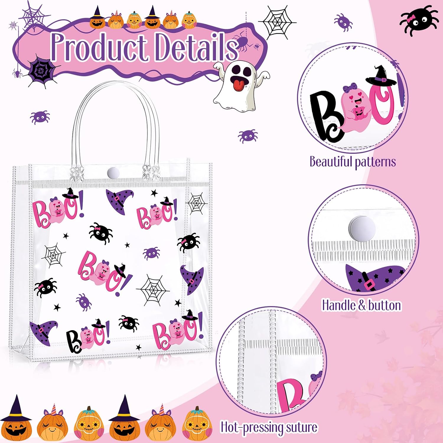 Hosuly 24 Pcs Pink Halloween Bags Reusable PVC Ghost Clear Pumpkin Tote Bag image 3