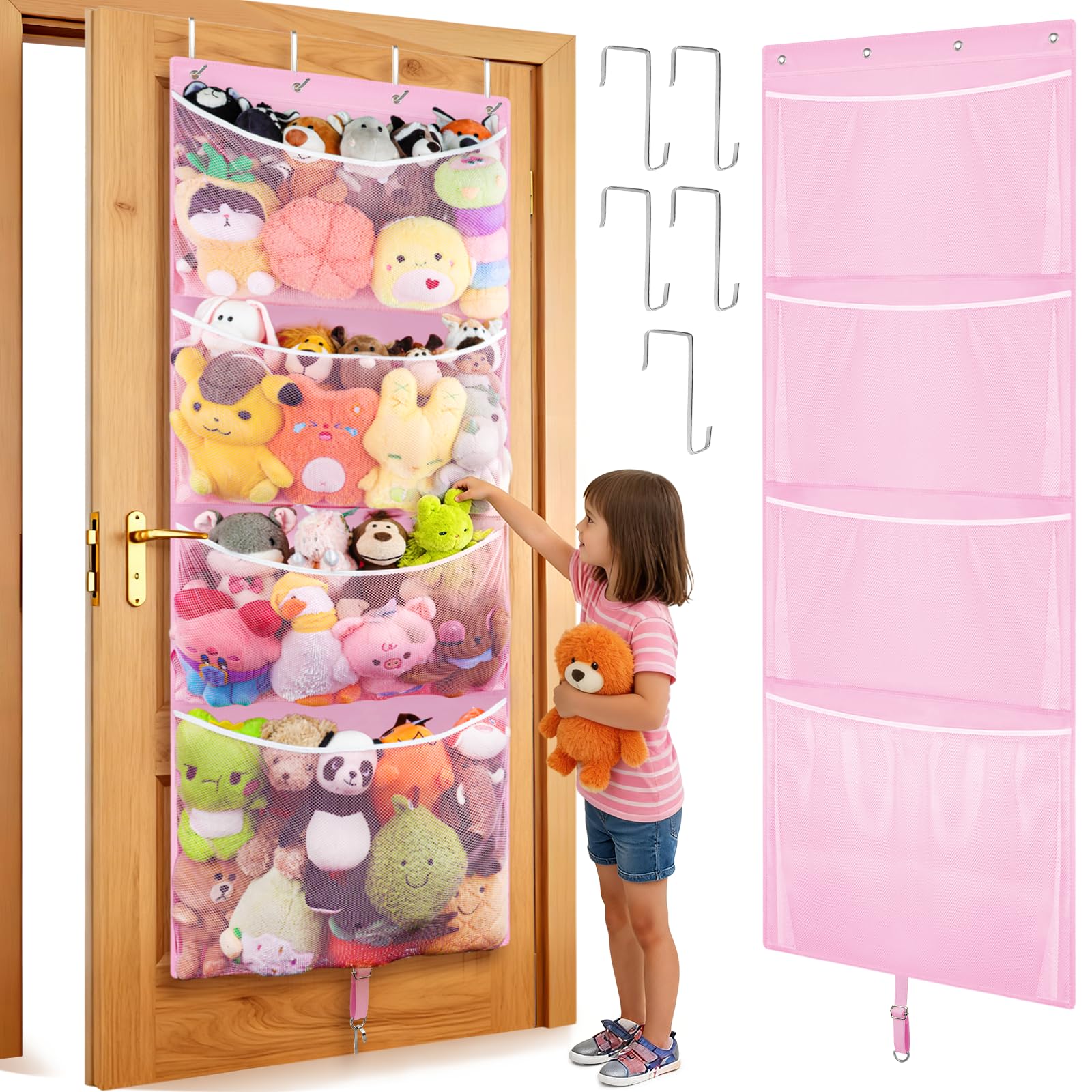 Hanging Stuffed Animal Storage, Over Door Large Plush Toy Organizer with Metal Hook, Baby Accessory Holder Idea for Nursery, Doll & Bear Mesh Hammock Bag for Girl Boy Kid Room