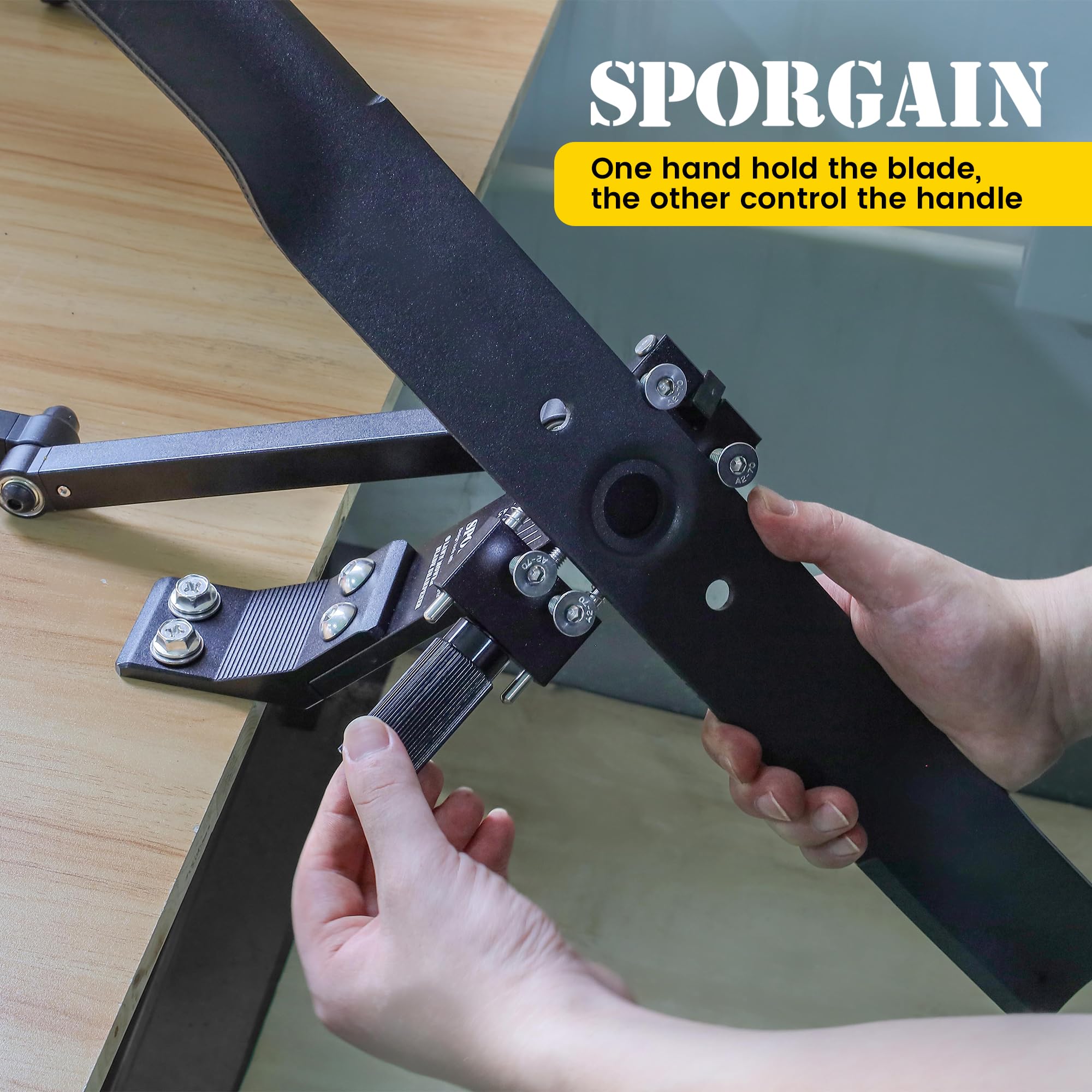 SporGain Affilatrice per Lame per Tosaerba, Telaio Regolabile da 15° a 45°, con Maniglia con Cuscinetti a Sfera, per Lame destre e sinistre, da Utilizzare con smerigliatrice angolare, Nero