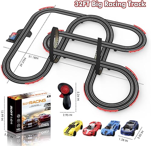 Miniatura 6 de Slot Car Race Track - Juego de pistas de carreras eléctricas de 32 pies para niños y niños, carreras dobles con 4 autos de alta velocidad y 2