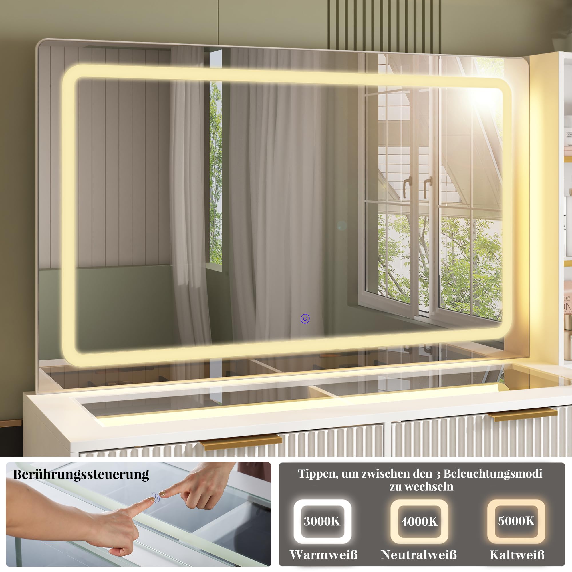 LUXOAK Großer Schminktisch mit LED-Spiegel und USB-Anschluss, 5 Schubladen, Glasplatte, Breites Design 122×40×137 cm, Stabil & Pflegeleicht, Ideal für Schlafzimmer