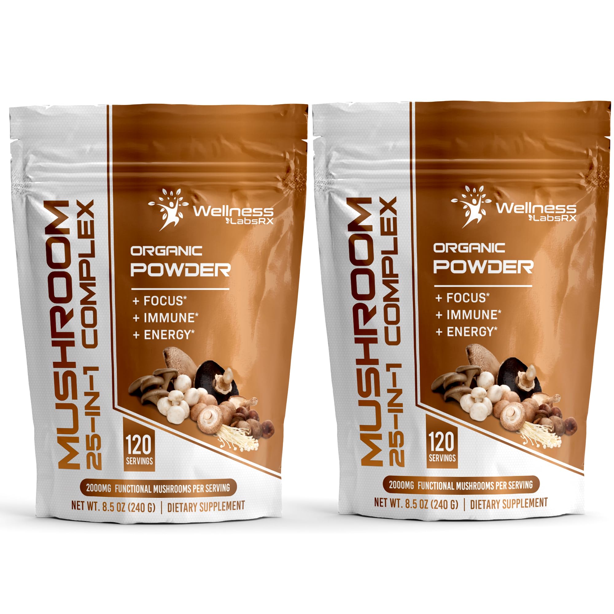 Mushroom Powder, 25 in 1 Mushrooms Supplement - 2000mg, 25 Superfood Mishroom Lions Mane Powder with Chaga, Shiitake, Cordyceps, Reishi - Lion's Mane Mushroom - Pack of 2